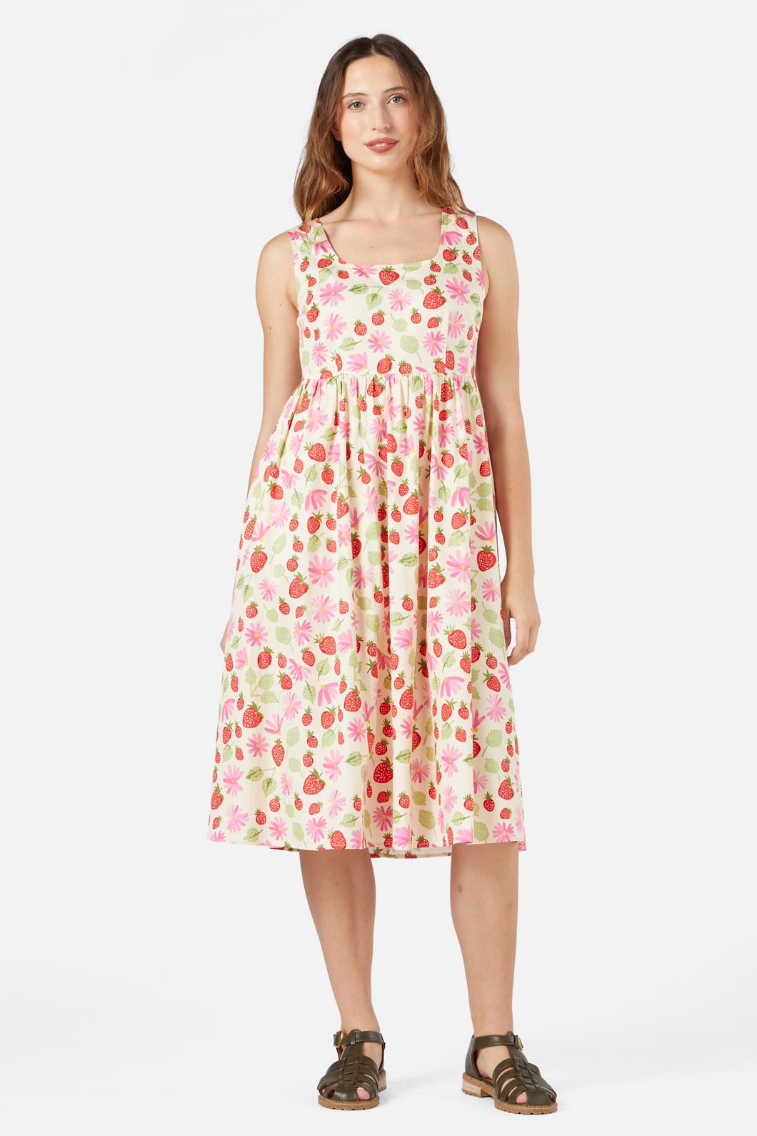 La Fraise Midi Dress - Floral Summer Dress for Women, A-Line Flowy Dress with Puff Sleeves | Perfect for Beach Vacation, Date Night & Brunch Outings