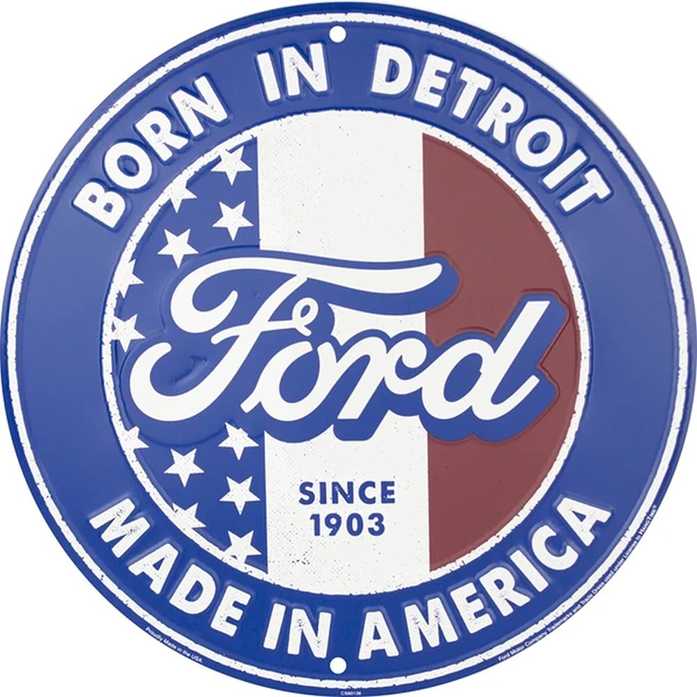 24 Inch Hangtime Ford Born in Detroit Garage Sign - Vintage Metal Wall Decor for Man Cave, Garage, Workshop & Automotive Enthusiasts