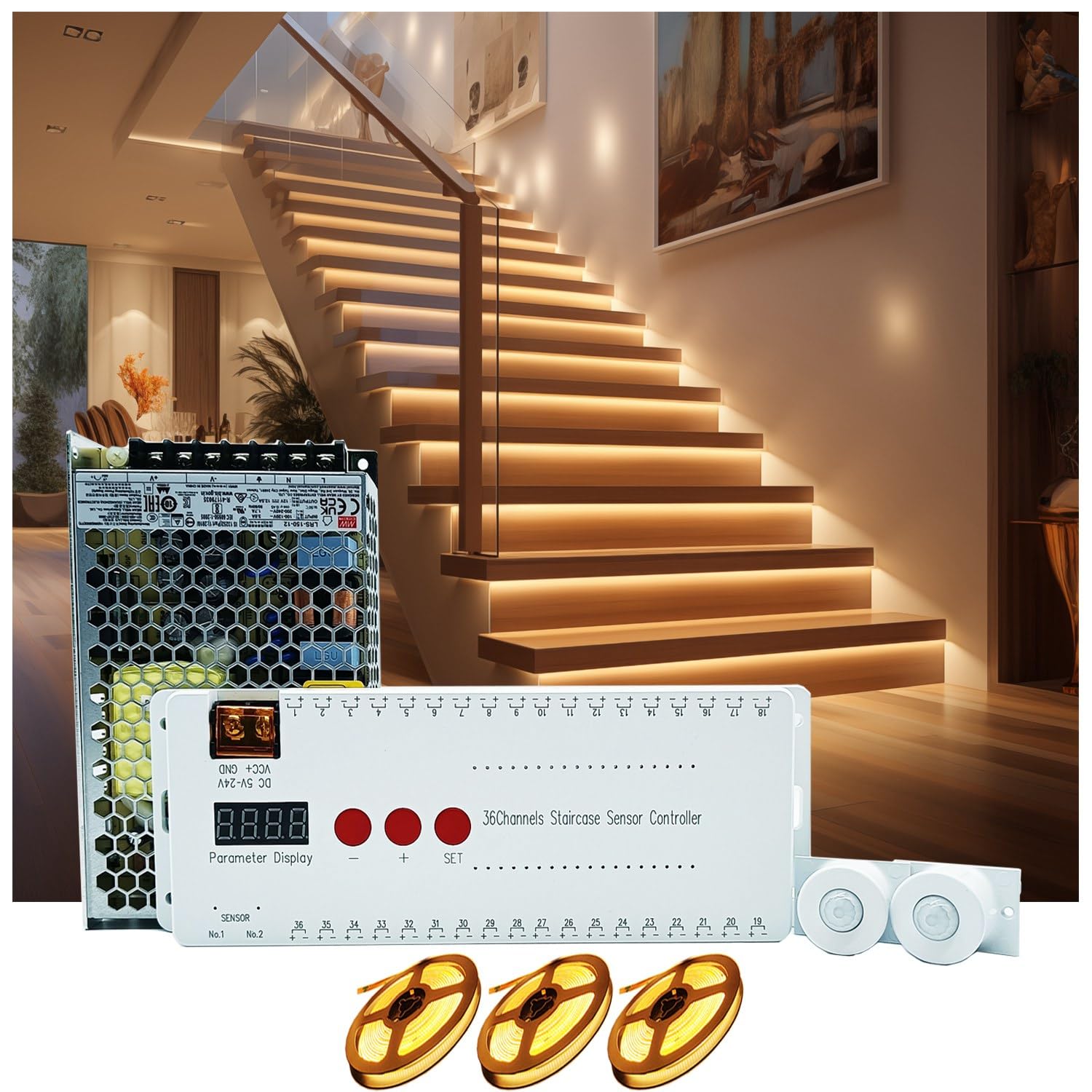 Motion Sensor LED Stair Lights - 12 Step Indoor Staircase Lighting Kit (40 Inch Warm White 3000K) for Home, Hallway, Bedroom & Stairway Safety Lighting