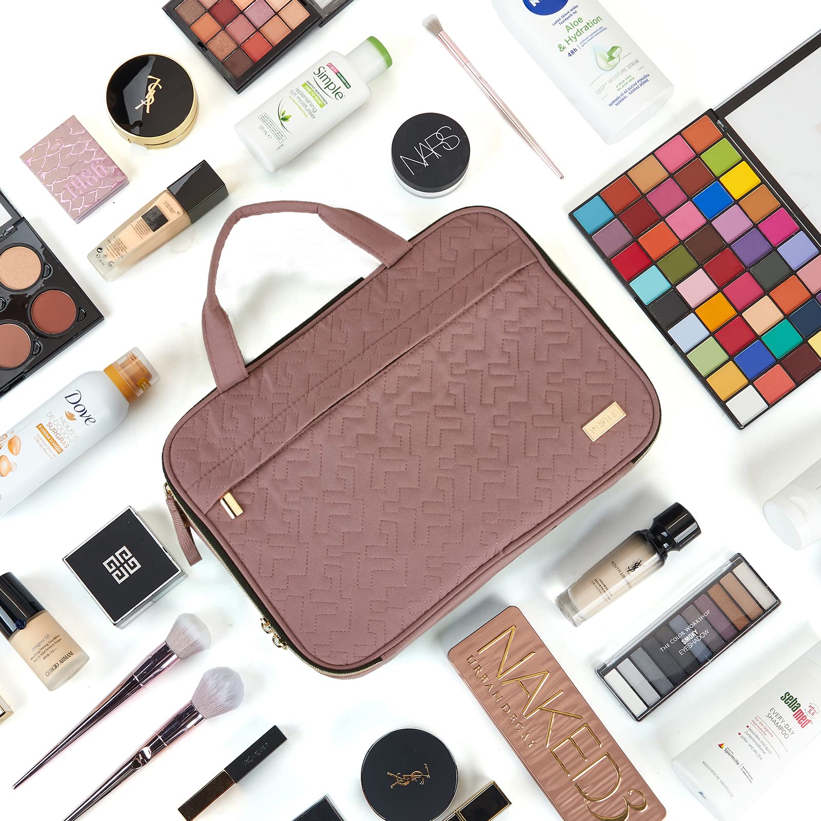 NISHEL Travel Makeup Bag Organizer - Portable Stand Up Cosmetic Case for Toiletries | Rosewood-Pink | Perfect for Vacation, Business Trips & Daily Use