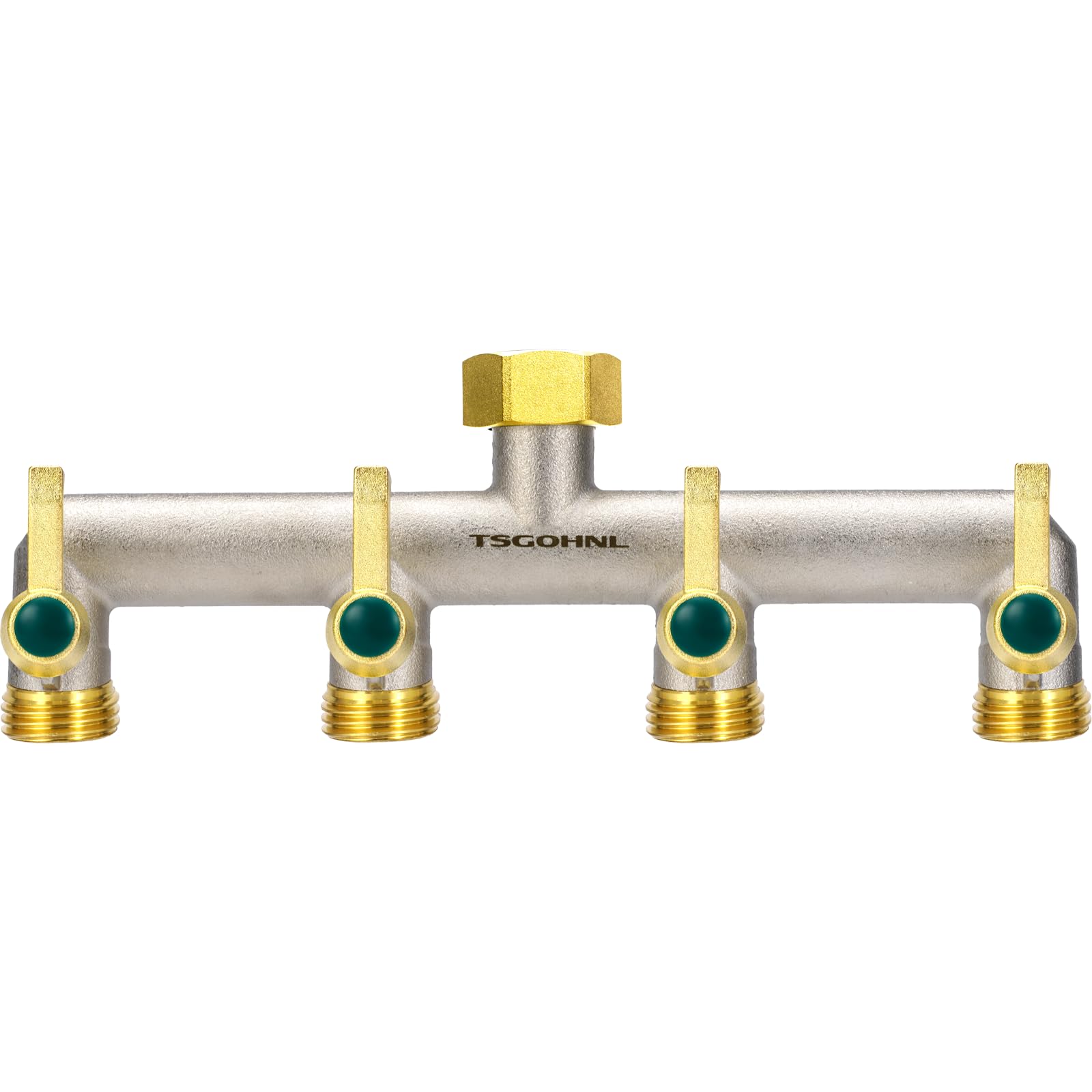 4-Way Brass Garden Faucet Splitter with 4 Extended Metal Handles - Heavy Duty Nickel Plated Outdoor Hose Divider - 3/4-Inch GHT Hex Female Inlet & Male Outlet - Perfect for Lawn Watering, Garden Irrigation & Car Washing