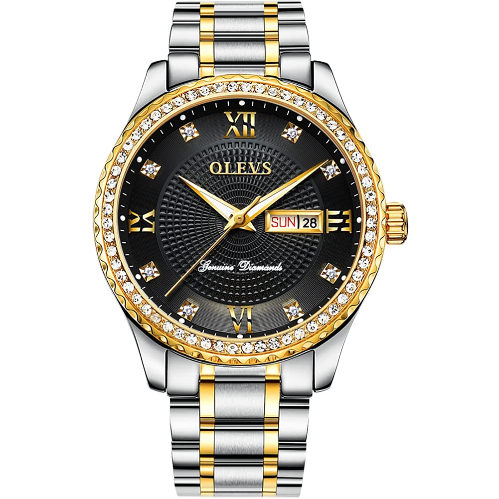 OLEVS Classic Luxury Men's Analog Quartz Watch - Gold-Tone Big Dial, Waterproof, Simulated Diamond Accents | Perfect for Business, Formal Events & Gifting