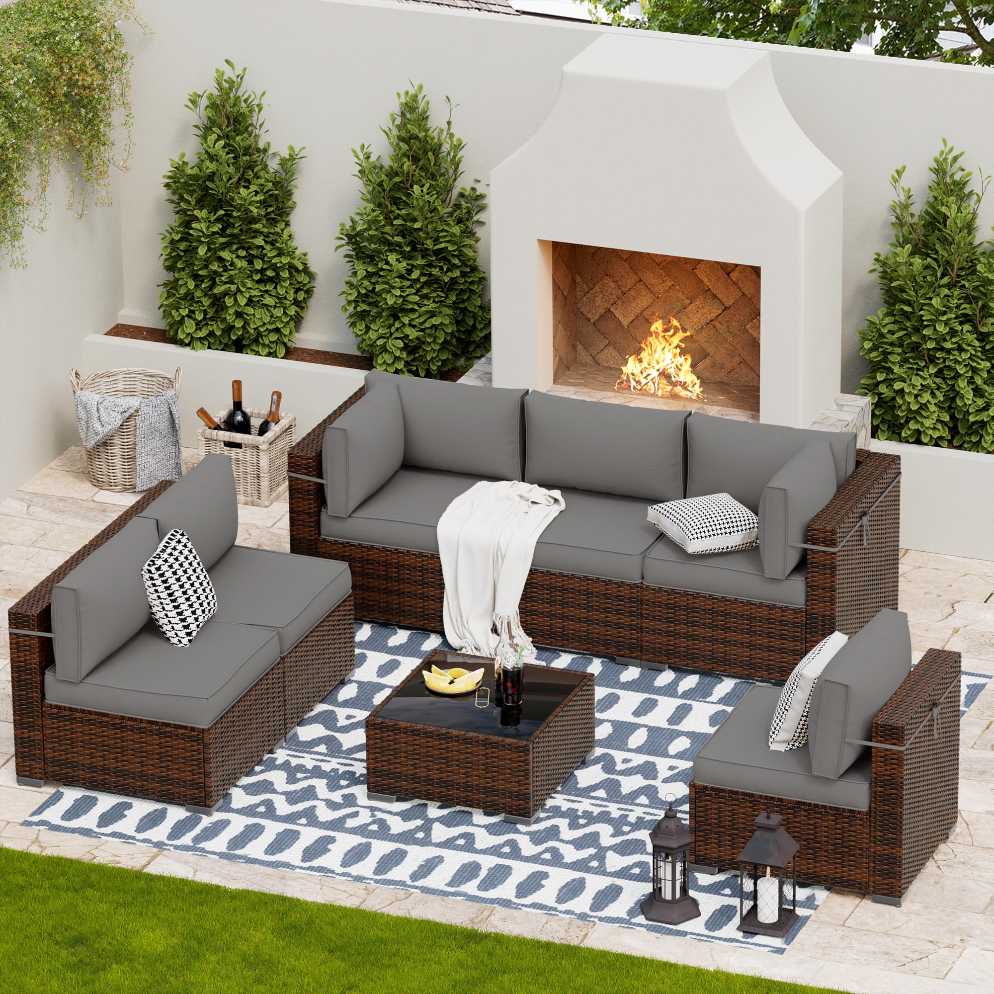 **UDPATIO 7-Piece Modular Rattan Patio Furniture Set - Outdoor Wicker Sectional Sofa with Coffee Table for Backyard, Deck, Poolside (Brown/Grey, Includes Sofa Cover) - Perfect for Relaxing & Entertaining**