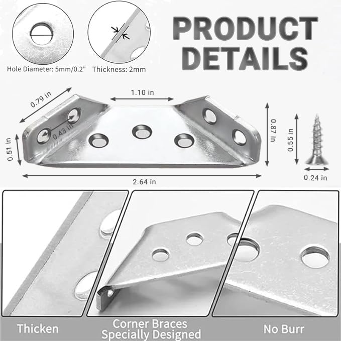 Stainless Steel Universal Furniture Corner Connector Bracket - 10 Pcs with 70 Screws for Angle Fastening & Frame Support | Perfect for DIY Furniture Assembly, Shelving, Cabinets & Home Improvement Projects