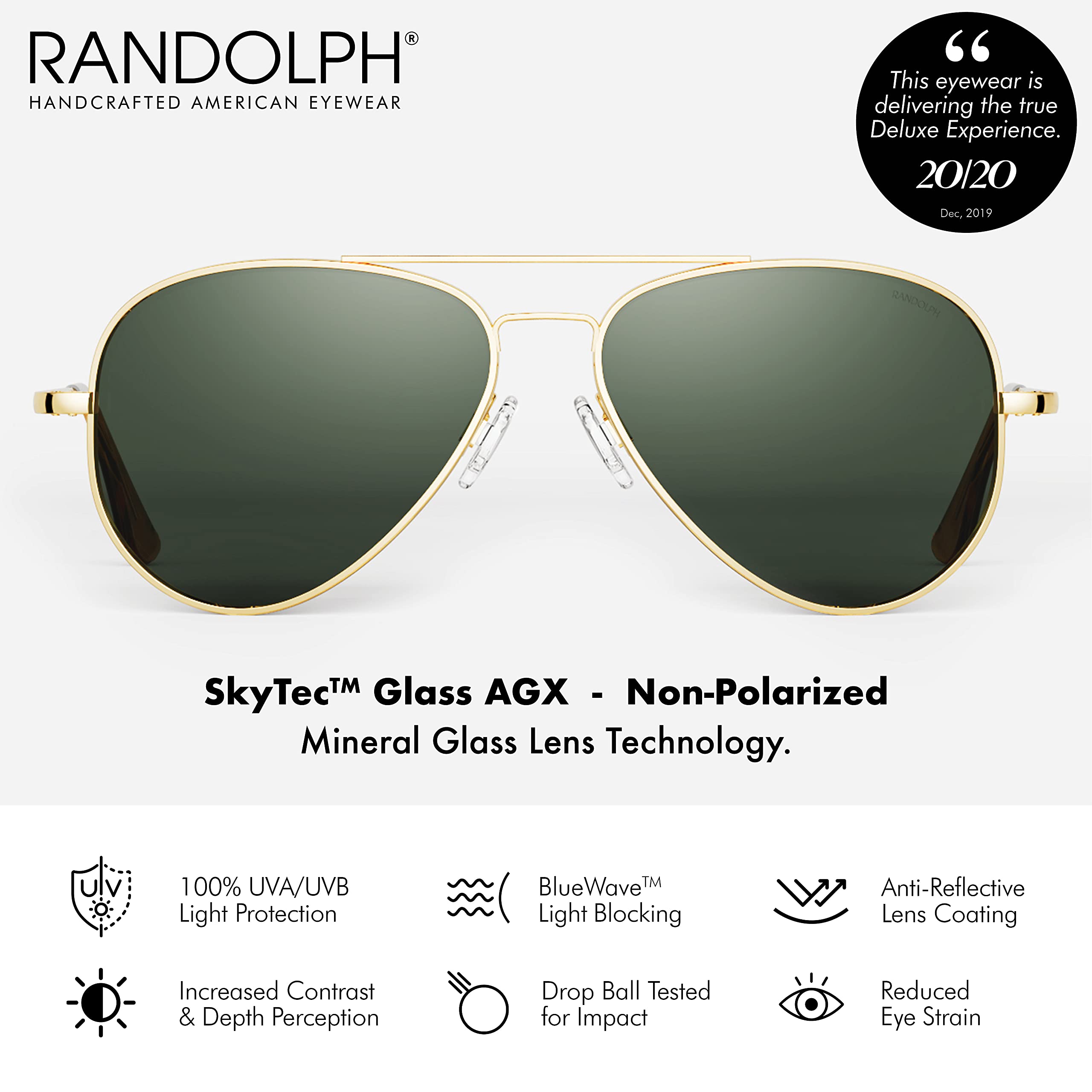 Randolph USA Concorde Classic Aviator Sunglasses for Men & Women - 100% UV Protection Polarized Lenses - Premium Pilot Sunglasses for Driving, Travel & Outdoor Activities
