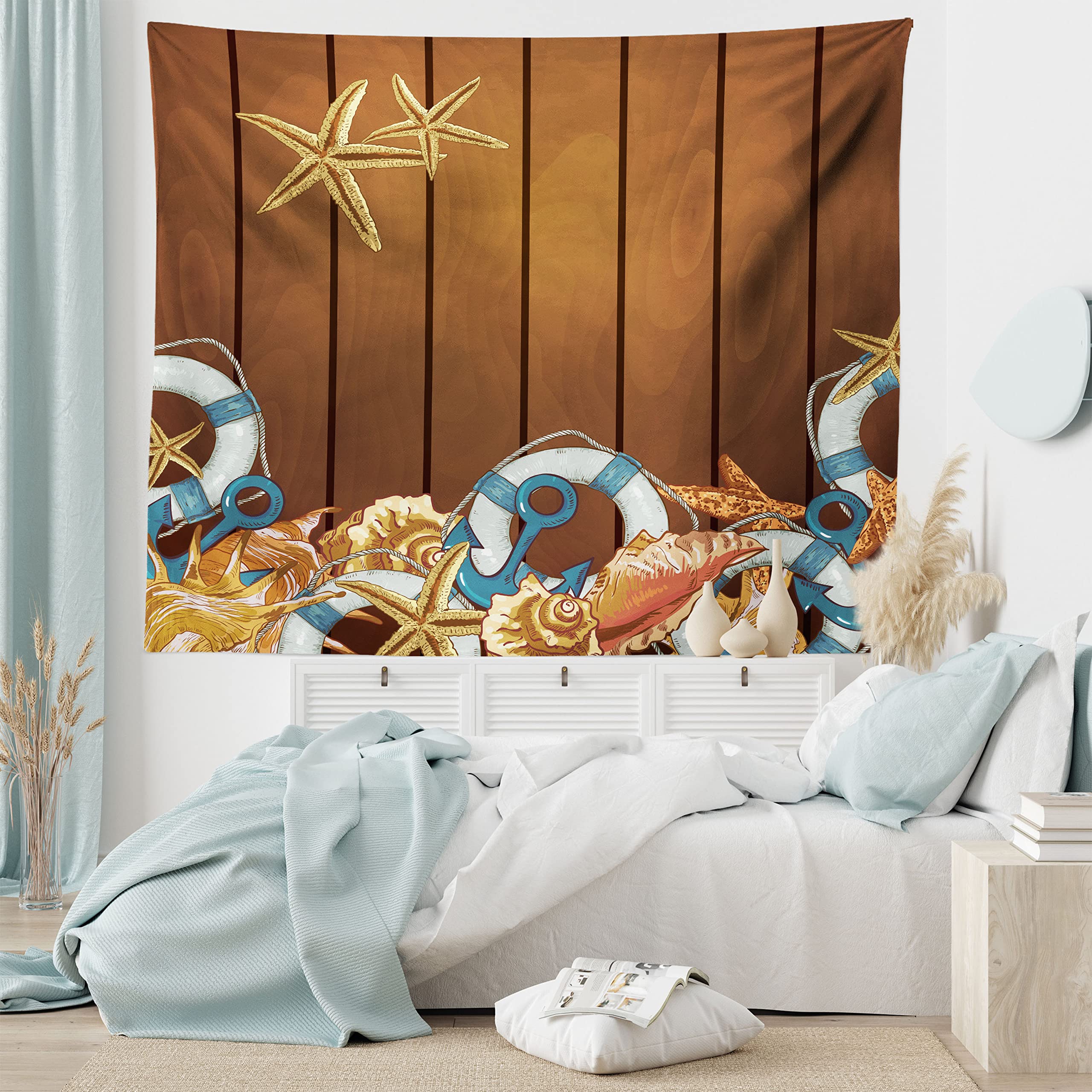 Ambesonne Seashells Tapestry Queen Size - Nautical Wall Hanging with Anchors & Starfish on Wooden Backdrop, Blue White Brown Sea Theme Bedspread - Perfect for Beach House Decor, Bedroom Wall Art, or Coastal Living Room Design