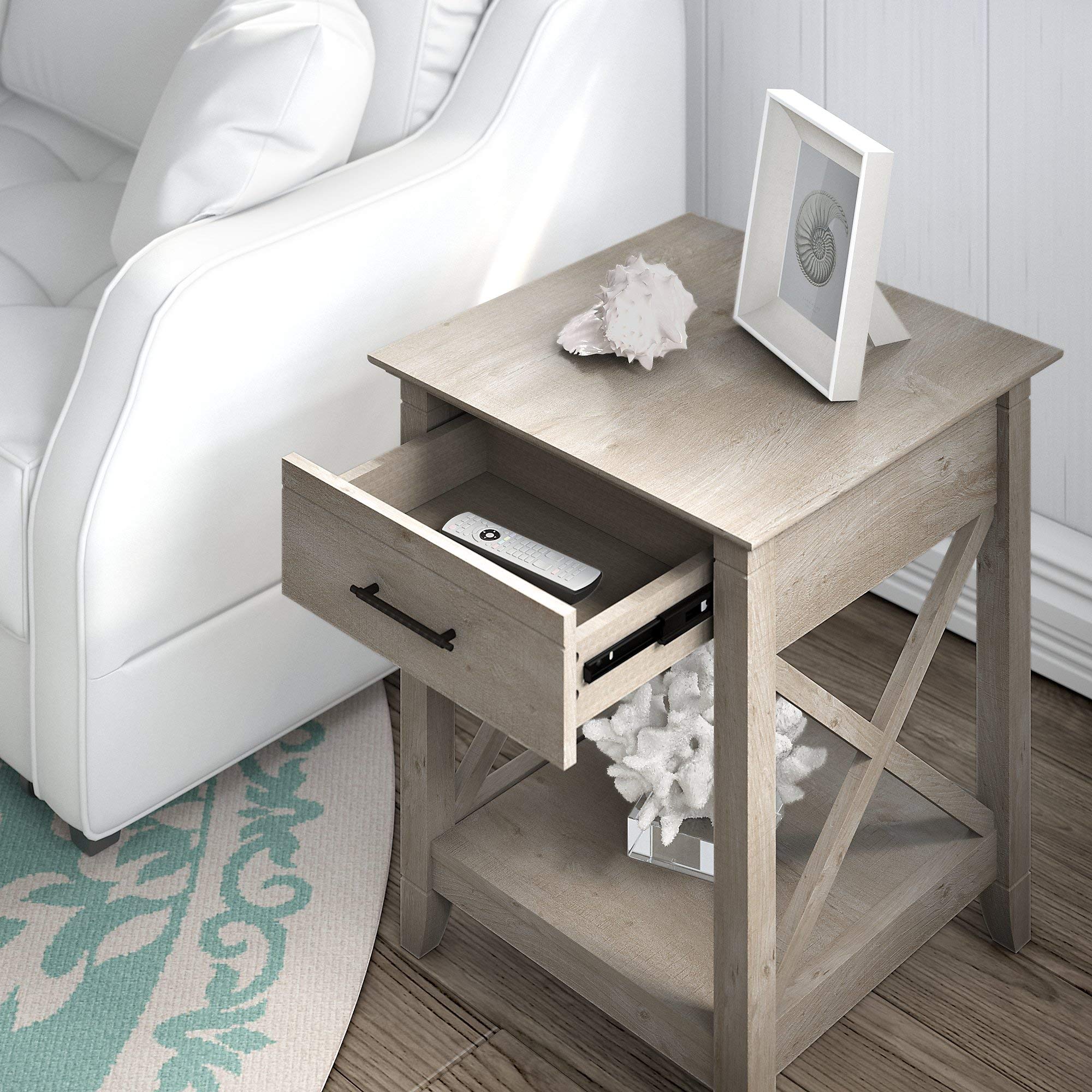 Bush Furniture Key West Coffee Table with Storage & End Table Set, Washed Gray - Modern Living Room Furniture with Hidden Storage for Home Decor