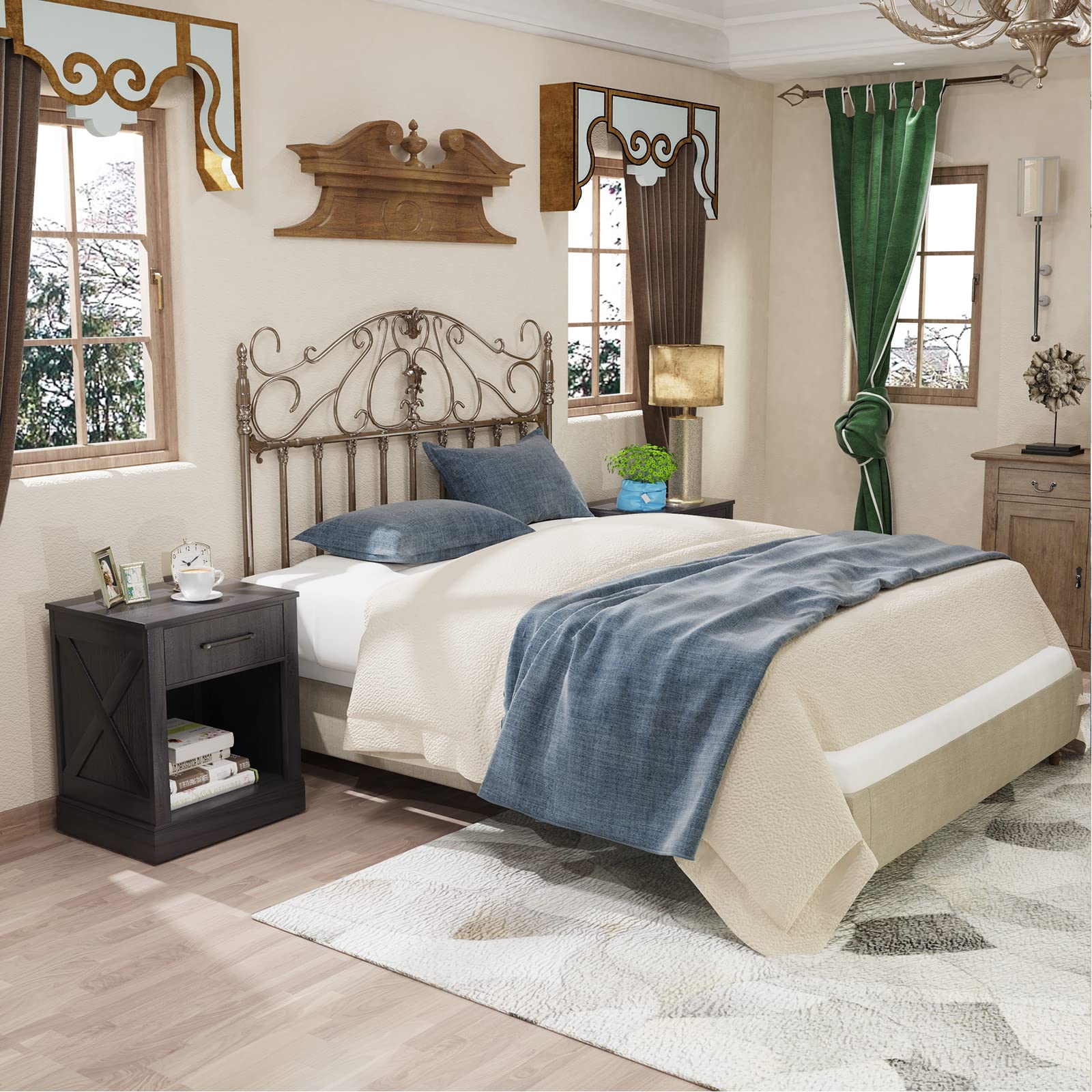 Giantex Farmhouse Nightstand Set of 2 - Rustic Wooden End Tables with Drawers & Open Shelf - Black Bedside Tables for Bedroom, Living Room & Office Use