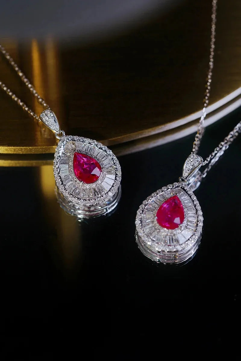 18K White Gold Diamond & Natural Ruby Pendant Necklace for Women - Classic Water Drop Design Luxury Wedding Jewelry - Perfect for Bridal, Anniversary Gifts & Special Occasions