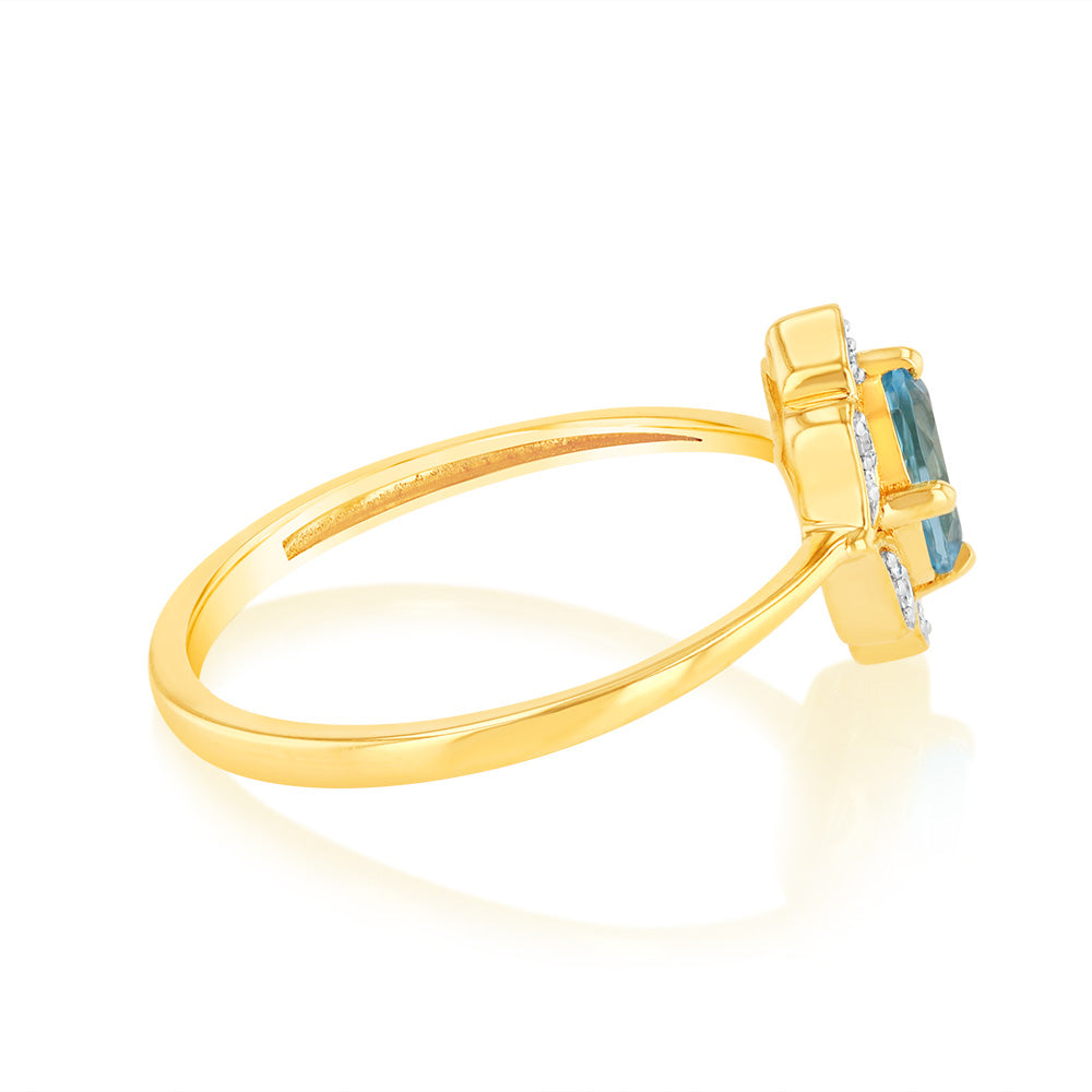 0.55 Carat Blue Topaz and Diamond Oval Ring in 9K Yellow Gold | Elegant Engagement, Anniversary or Gift Jewelry for Women