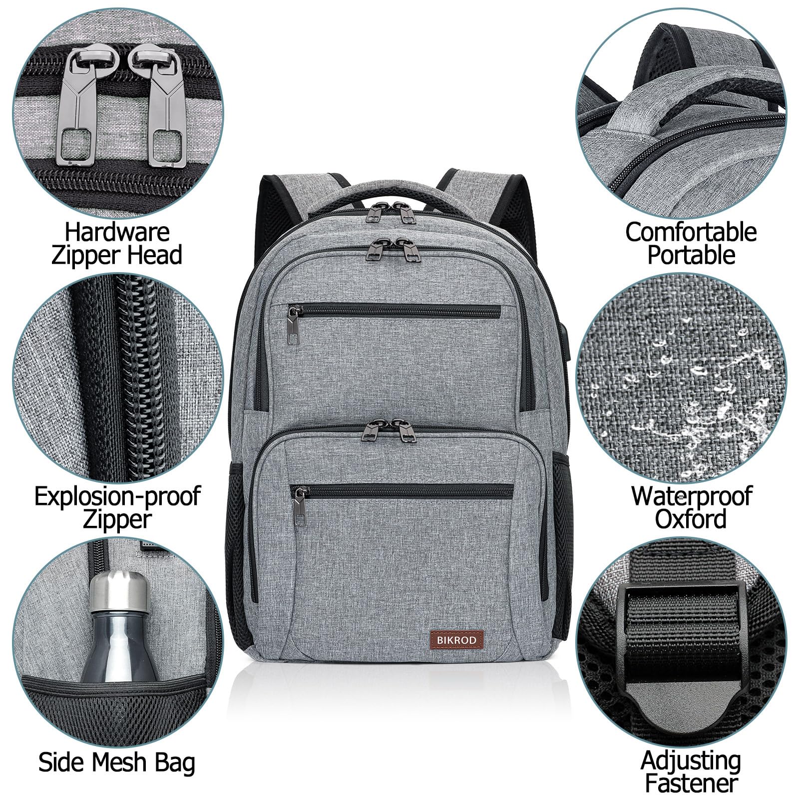 BIKROD Men's Waterproof Travel Backpack with USB Charging Port - TSA Approved Anti-Theft Laptop Backpack for Business & College, Fits 15.6 Inch Notebook - Perfect for Commuting, Air Travel & Daily Use (Grey)