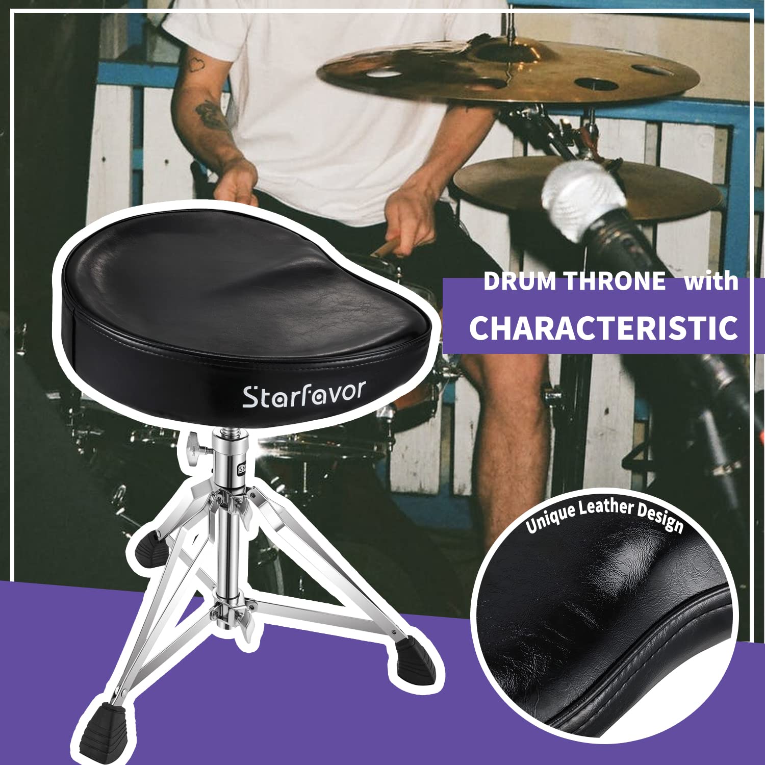 Starfavor Ergonomic Drum Throne with 7A Drum Sticks - Adjustable Height Drum Seat for Drummers, Perfect for Practice, Live Performances & Studio Sessions