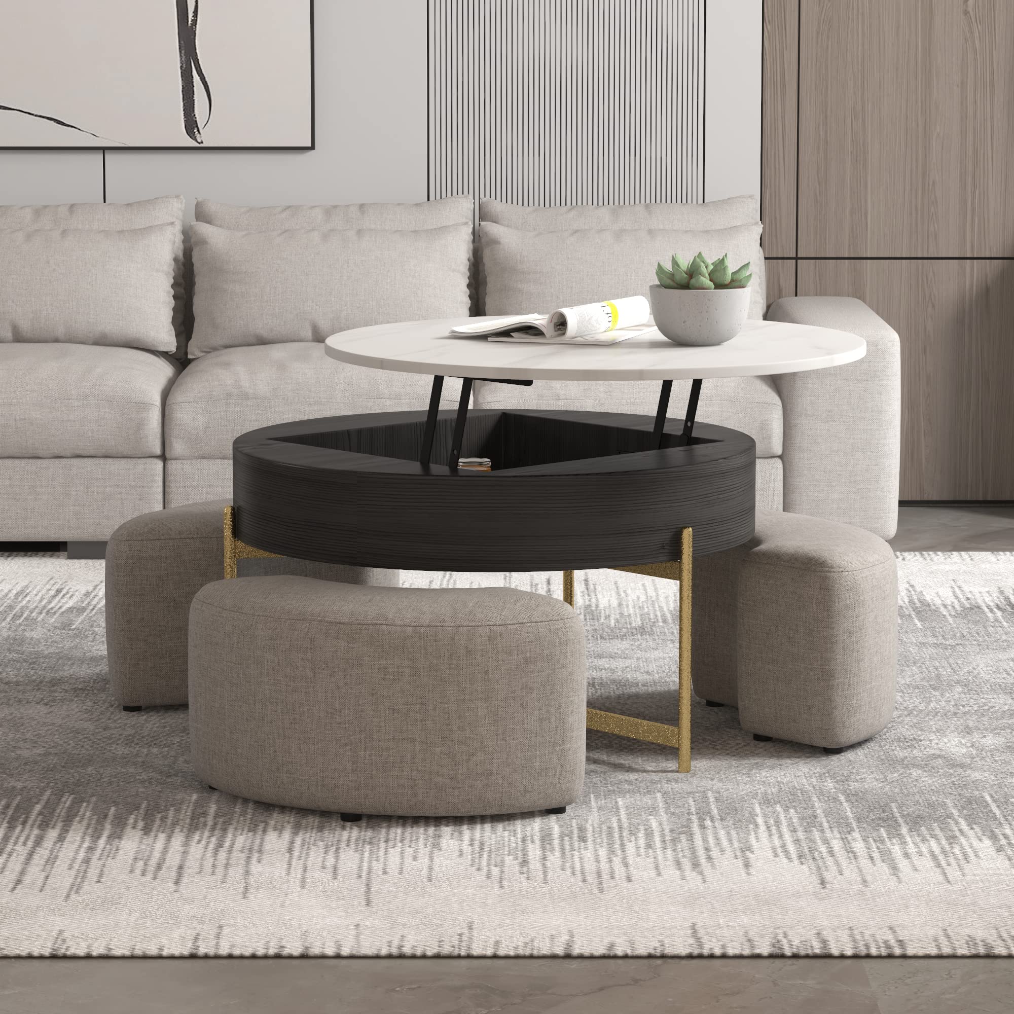 Lift Top Round Coffee Table with Stools - Modern Nesting Coffee Table Set with Hidden Storage | Black Marble End Table for Living Room, Home & Office | Perfect for Small Spaces, Entertaining & Storage Solutions