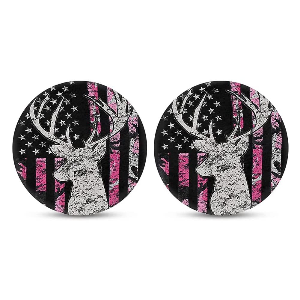UNICEU Absorbent Car Cup Holder Coasters 2-Pack - American Flag, Pink Camo, Deer Print - Spill-Proof Car Accessories for Coffee, Drinks, and Snacks