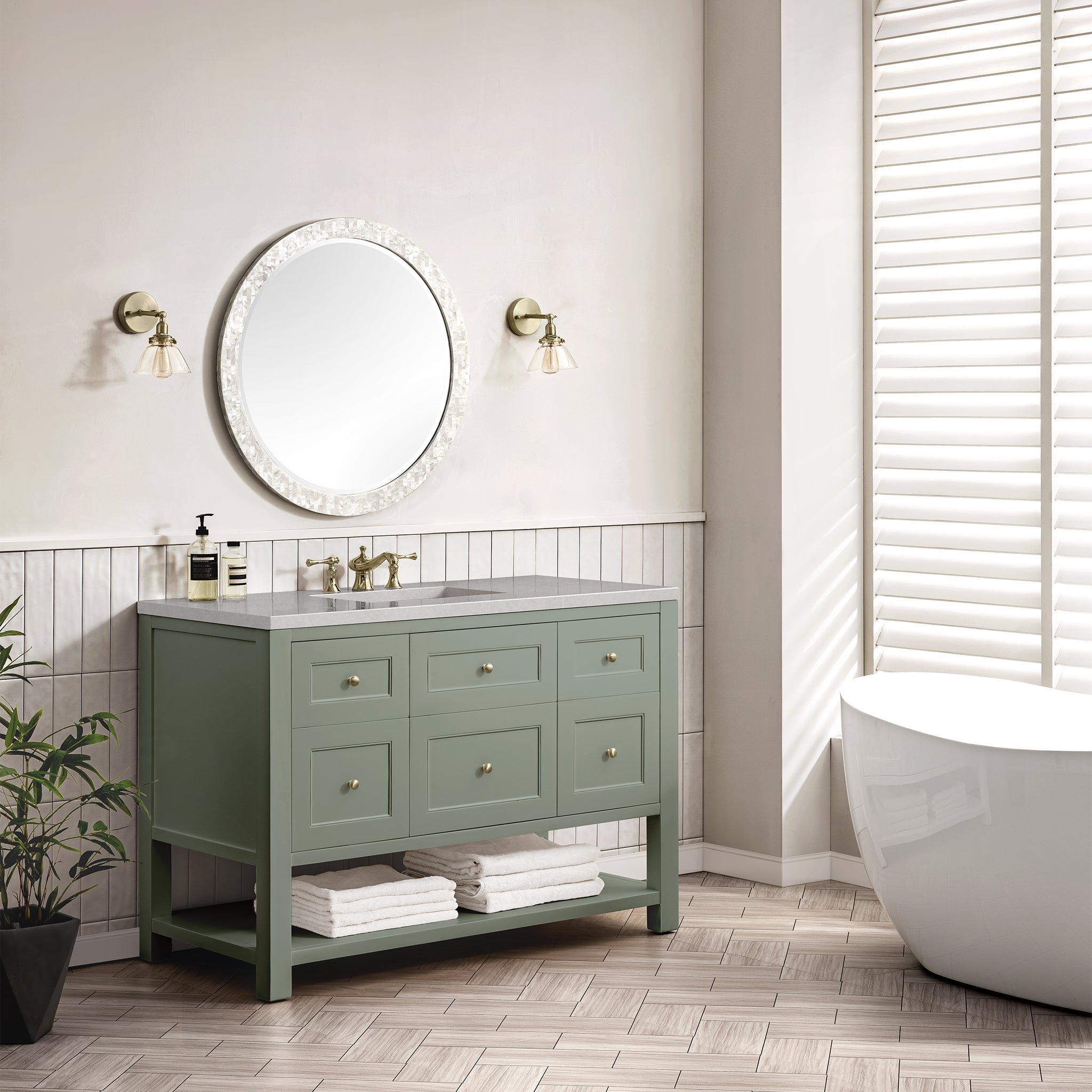 Breckenridge 48 Inch Single Bathroom Vanity with Smokey Celadon Finish & 3CM Eternal Serena Quartz Top - Perfect for Modern Master Bathrooms & Guest Powder Rooms