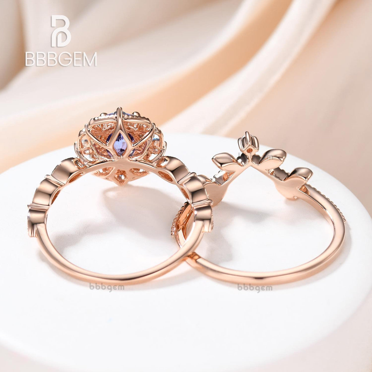 Exquisite Rose Gold Tanzanite Engagement Ring & Art Deco Diamond Wedding Ring Set for Women - Vintage Bridal Jewelry, Anniversary Gift, Proposal Present