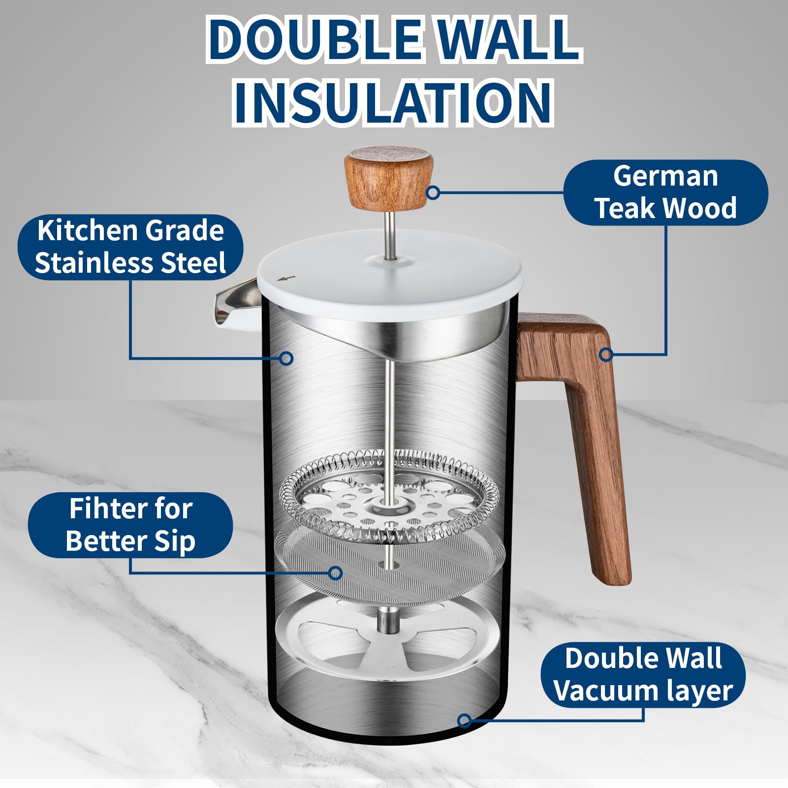 BERTILLE 34OZ French Press Coffee Maker - 304 Stainless Steel, Wood Handle, Double Insulation & 3-Layer Filter - Perfect for Home, Office & Camping (White)