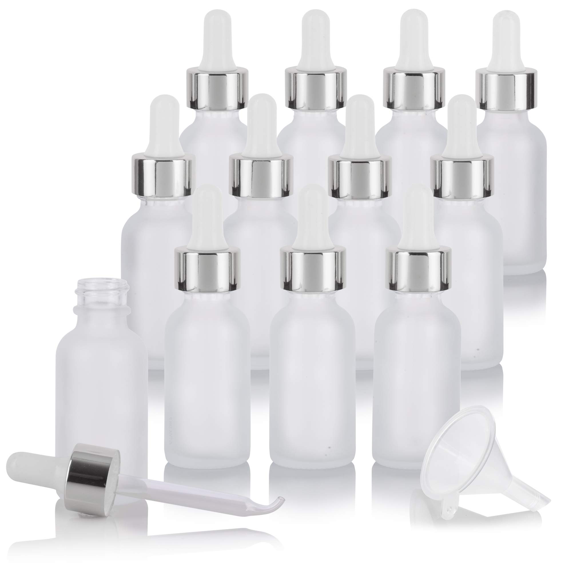 JUVITUS 12-Pack 1 oz Clear Frosted Glass Boston Round Bottles with Silver Metal Dropper & Funnel - Essential Oil Dropper Bottles, DIY Perfume Containers, Travel-Sized Liquid Storage for Home & Beauty Use