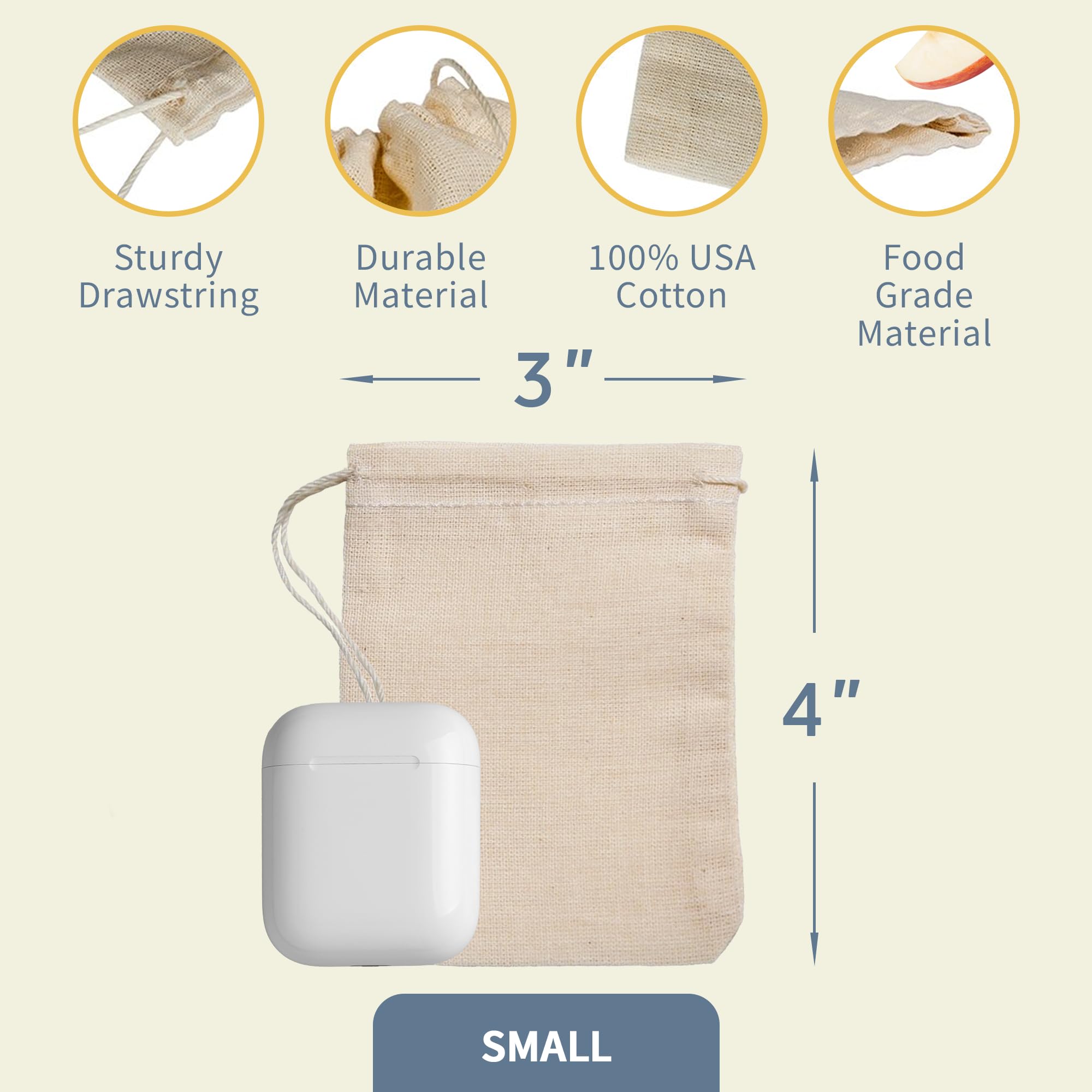 Premium 25-Pack 3x4 Inch Muslin Drawstring Bags - 100% Cotton Reusable Tea Bags, Jewelry Pouches & Spice Sachets - Natural Hem & Drawstring - Made in USA - Perfect for DIY Gifts, Wedding Favors, Herbal Tea & Essential Oil Storage