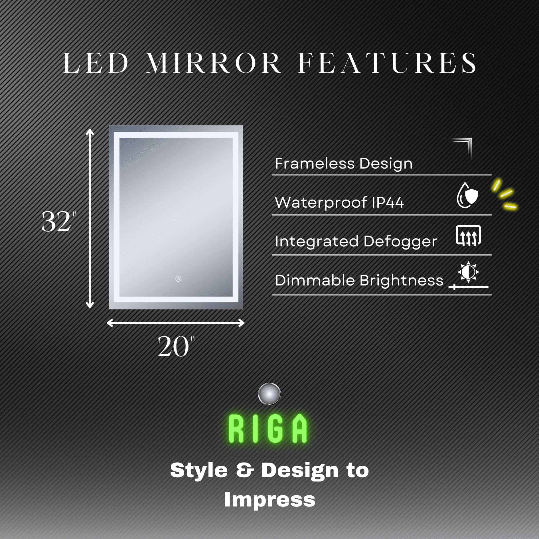 Riga LED Bathroom Mirror with Adjustable Dimmer & Anti-Fog Function - 4 Size Options for Vanity, Makeup, and Shaving