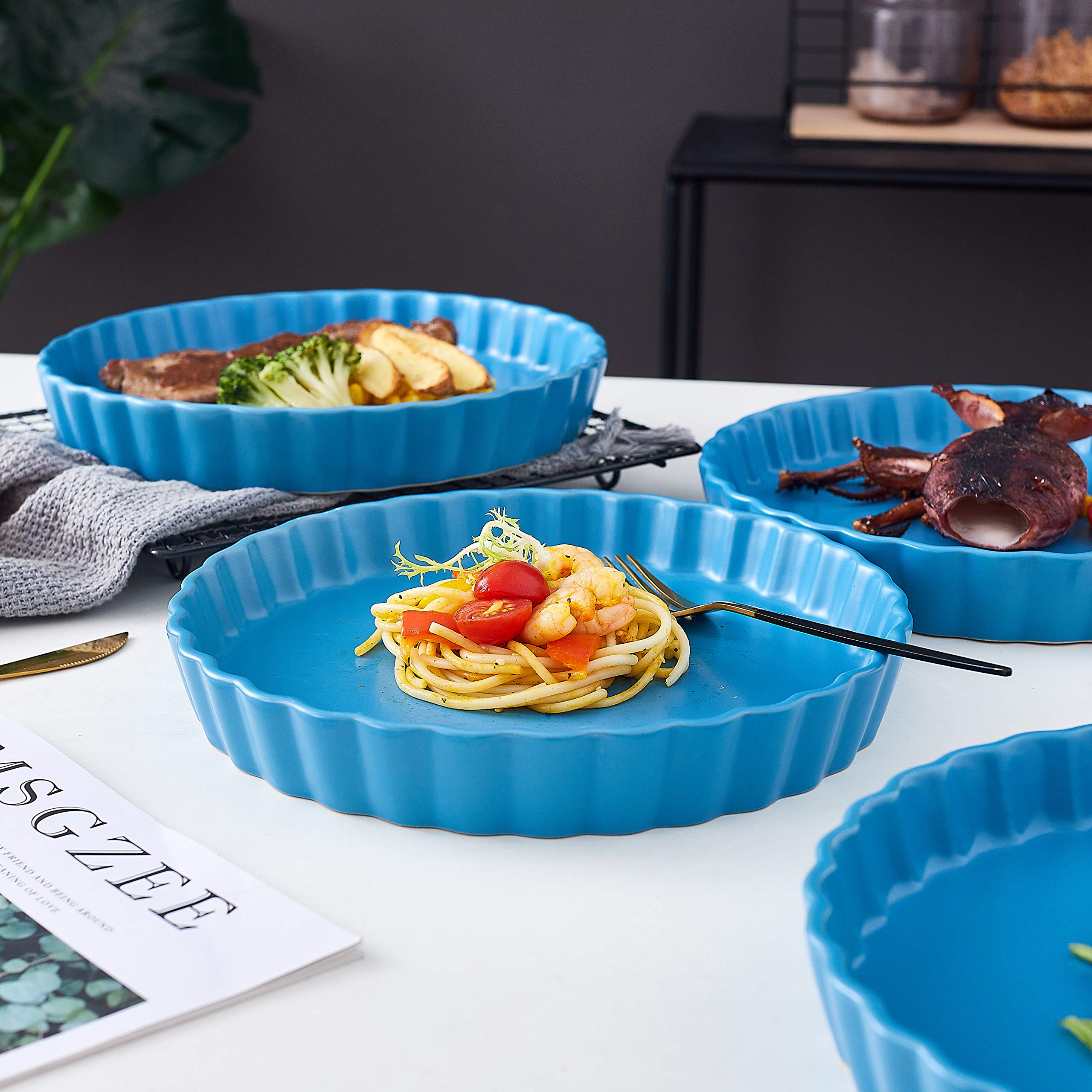 Bruntmor 10-Inch Ceramic Pie Pans Set of 4 - Nonstick Oven Safe Baking Dishes for Quiche, Apple Pie, Tart & More - Blue Porcelain Round Tart Pans - Perfect for Holiday Baking, Dessert Making & Family Gatherings