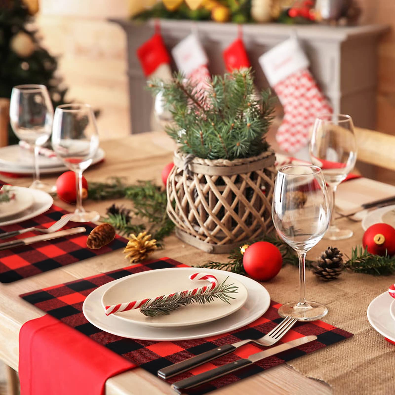 Senneny Set of 6 Christmas Placemats - Buffalo Check Red Black Plaid Reversible Burlap & Cotton Holiday Table Mats for Christmas Decorations | Perfect for Holiday Dinner Parties, Festive Table Settings & Home Decor