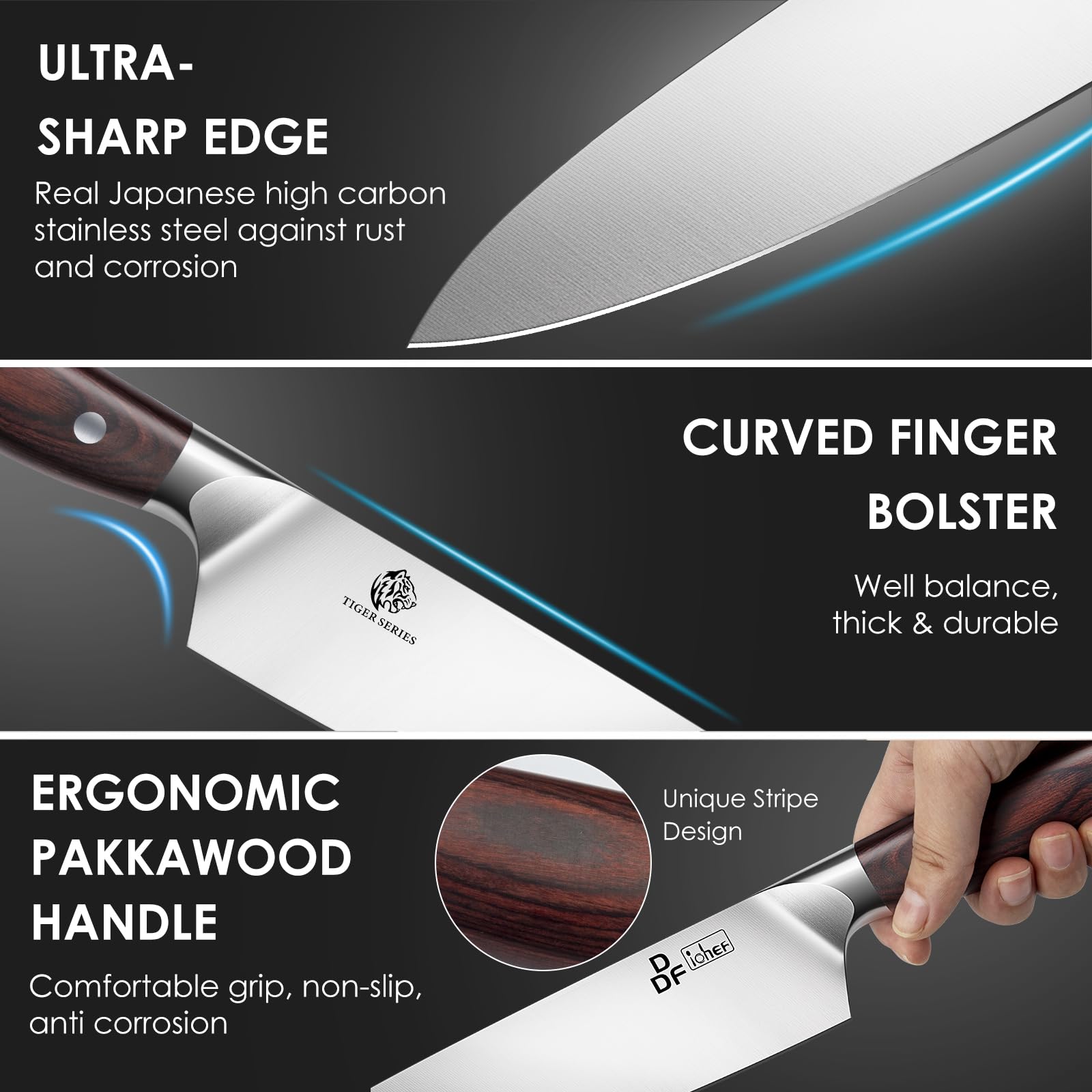 DDF iohEF 16-Piece Japanese Stainless Steel Kitchen Knife Set with Block & Sharpener - Ultra Sharp Professional Chef Knives with Ergonomic Handle for Meat, Vegetables & Fruits - Perfect for Home Cooking & Professional Kitchens