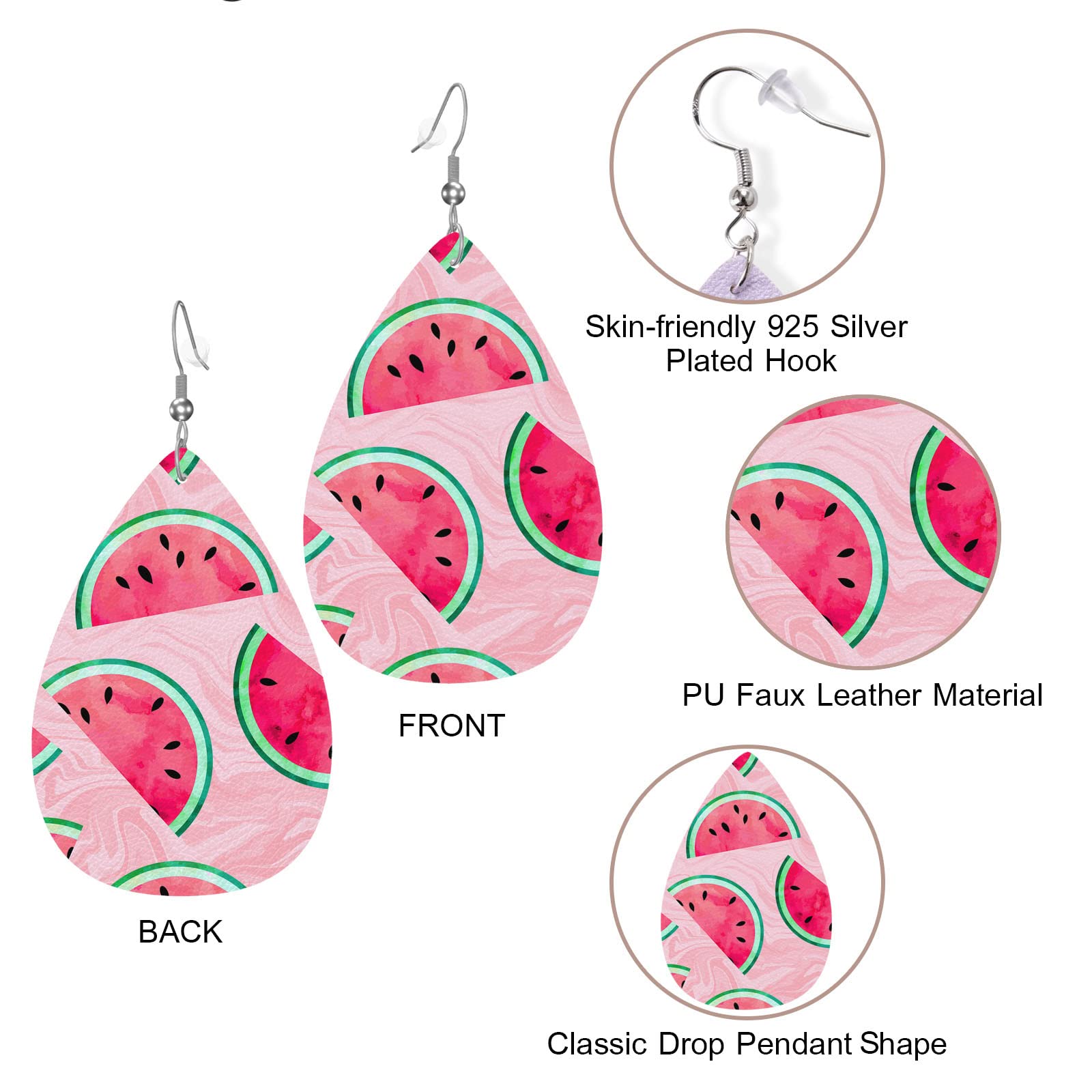 Zokola Watermelon Leather Drop Earrings Set - Pink Marble Fruity Dangle Earrings for Women | Lightweight Teardrop Wedding Jewelry | Perfect for Bridal Shower, Summer Parties & Casual Outfits