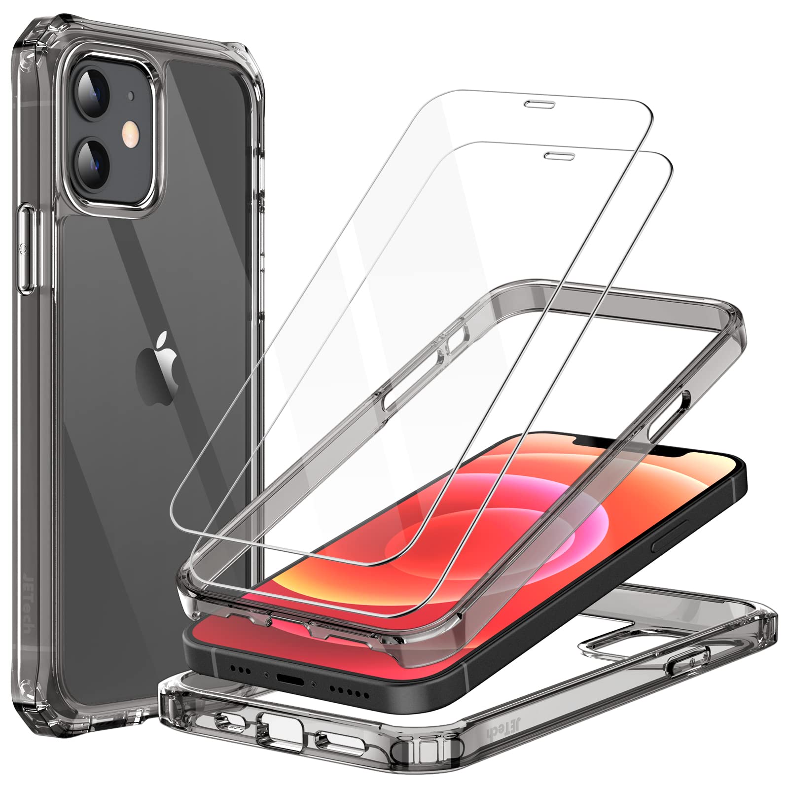 JETech iPhone 12/12 Pro Case 6.1 Inch with 2-Pack Tempered Glass Screen Protector - 360° Full Body Shockproof Bumper Cover, Clear Back Protective Phone Case (Black) | Perfect for Outdoor Activities, Travel & Daily Protection