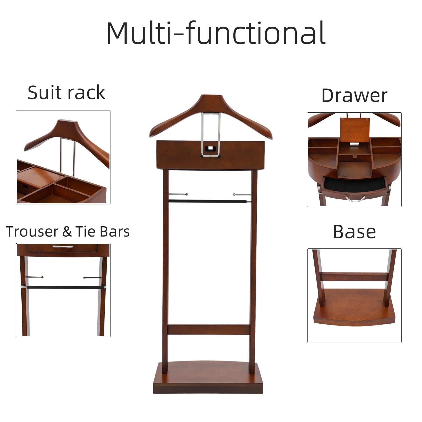 Premium Wooden Valet Stand with Drawer - Freestanding Clothing Organizer with Tie/Belt Hooks & Shoe Rack - Dark Walnut Bedroom Valet for Suits, Watches & Accessories - Perfect for Master Bedroom, Walk-in Closet & Gentleman's Dressing Area