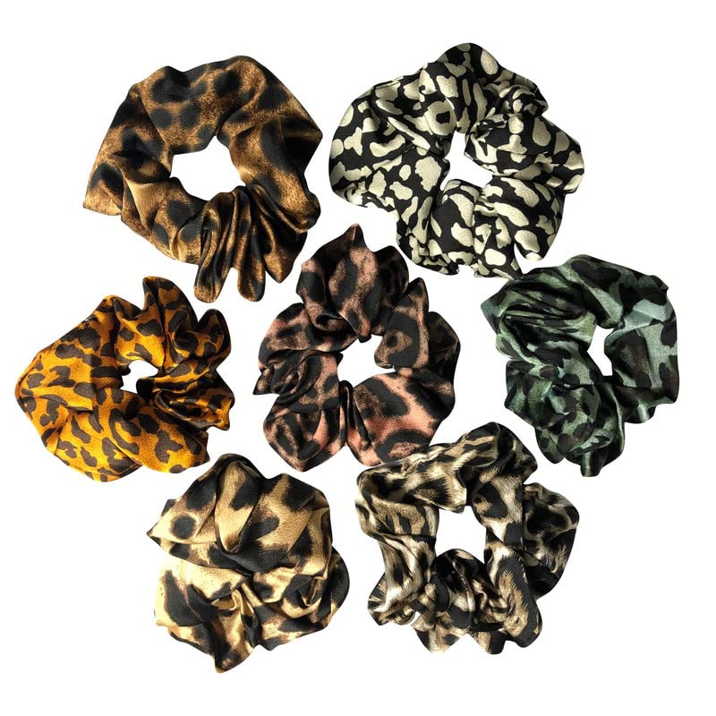 7 Pack Large Cheetah Print Elastic Satin Hair Scrunchies - Soft Hair Ties & Wristbands for Women & Girls (Sleep, Party, Shower, Curly Hair Care) - Fashionable Hair Accessories for Everyday Use, Workouts and Special Occasions