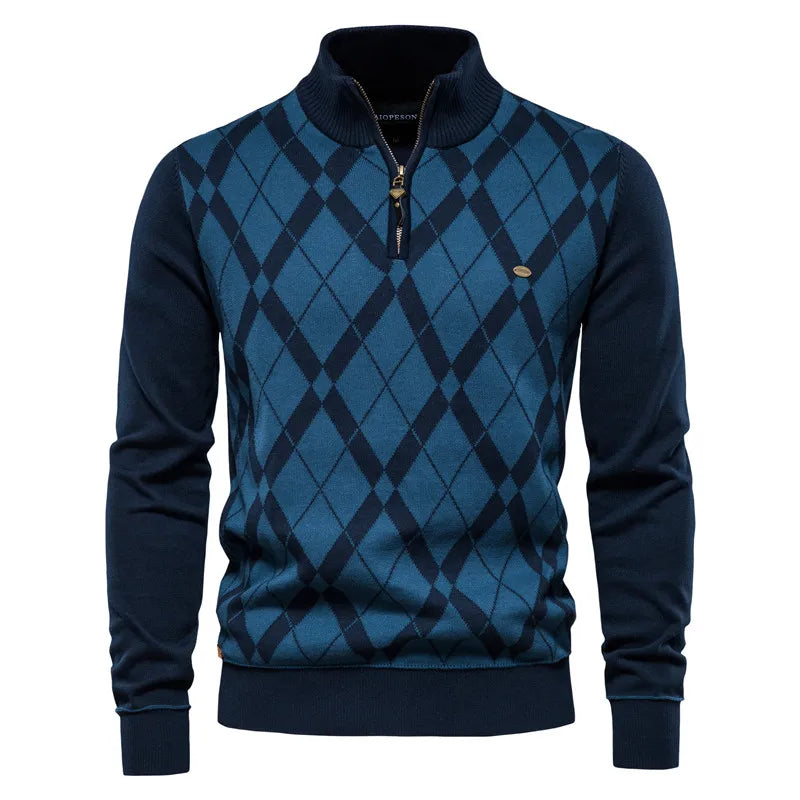 Argyle Men's Cotton Mock Neck Zipper Patchwork Pullover Sweater - Winter Warm Fashion Knitwear for Men | Casual Office Wear & Outdoor Activities