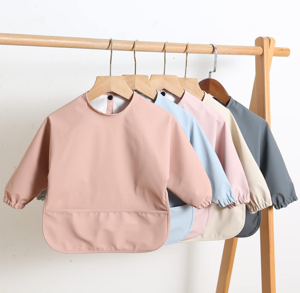 Waterproof Baby Bibs with Long Sleeves & Food Catcher - Washable & Easy Clean Feeding Bib for Infants & Toddlers - Perfect for Messy Meals, Baby Led Weaning & On-the-Go Feeding