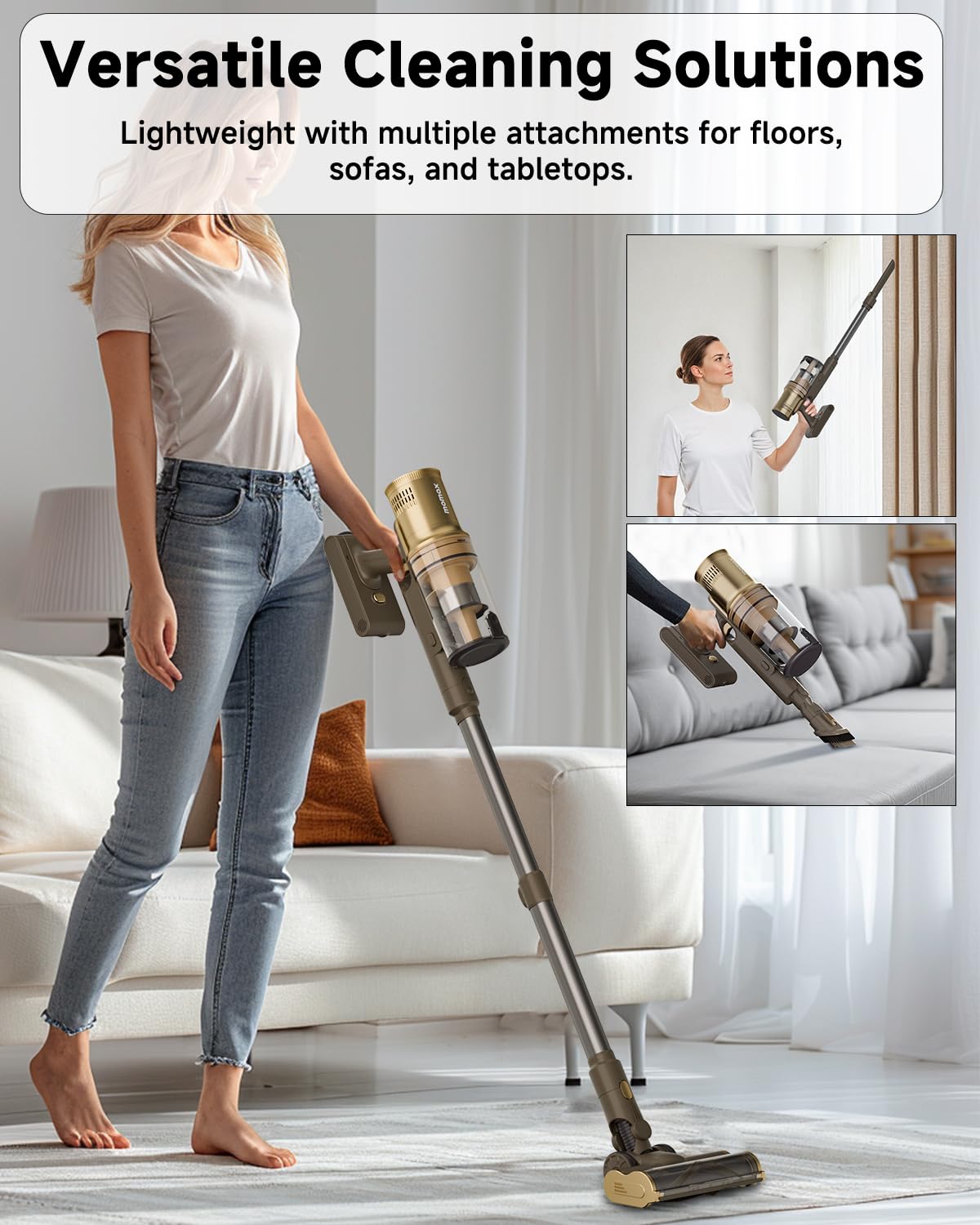 Powerful Cordless Upright Vacuum Cleaner for Home - Rechargeable, Lightweight with 50 Min Runtime | Ideal for Carpets, Hard Floors, Pet Hair & Cat Litter (Gold & Black) | Perfect for Quick Cleanups, Pet Owners & Multi-Surface Homes
