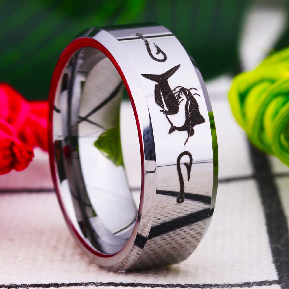 CLOUD DANCER Silver Tungsten Ring for Men - Catfish Design Wedding Band, Engravable Promise Ring - Durable & Scratch-Resistant Jewelry for Grooms, Anniversaries & Outdoor Enthusiasts