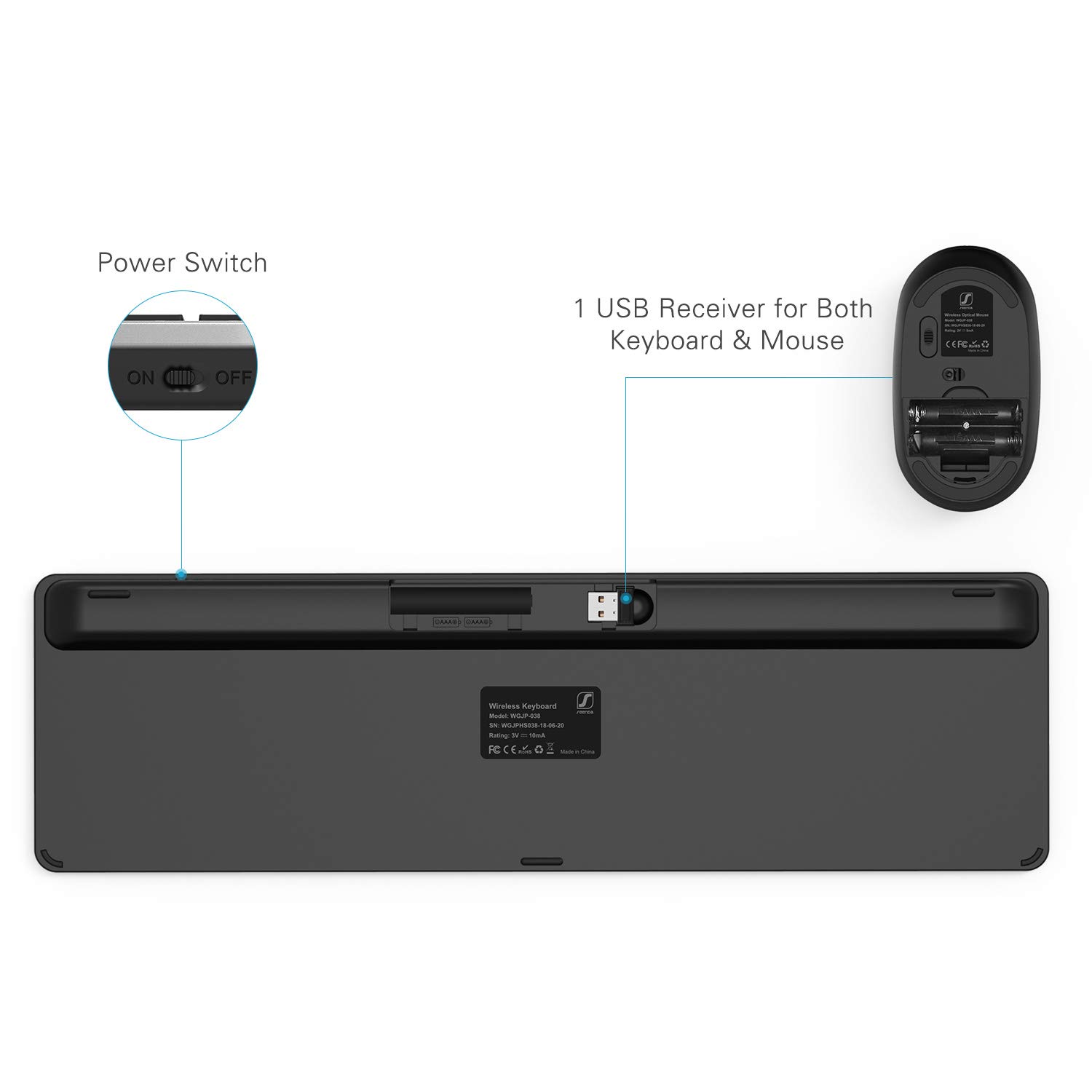 Seenda Wireless Keyboard and Mouse Combo - Full Size Slim Wireless Keyboard with Mouse, On/Off Switch for Both (Black & Silver) - Perfect for Office, Home, Gaming & Remote Work