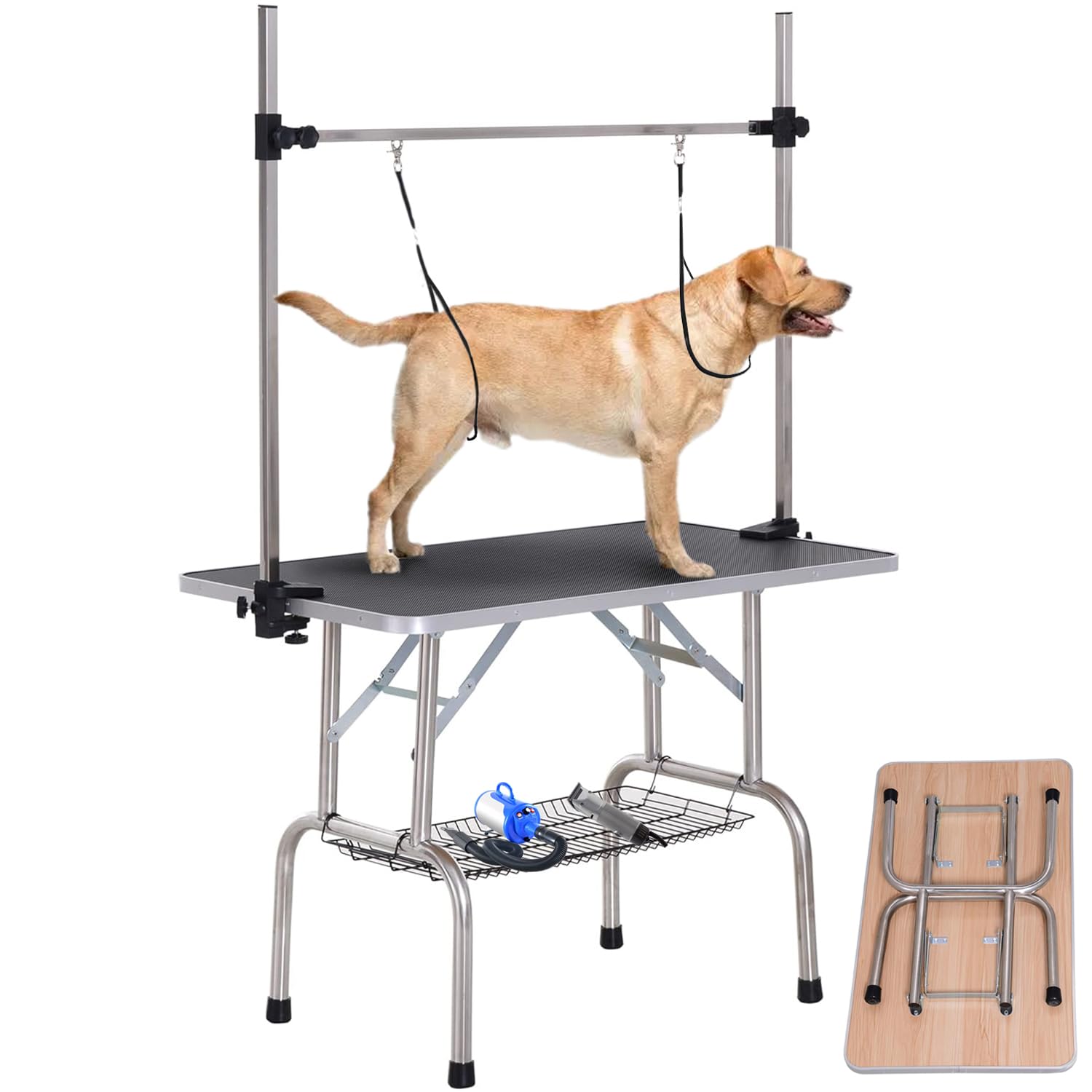 Professional Adjustable Large Dog & Cat Grooming Table - Foldable Pet Trimming Station with Arms, Nooses & Mesh Tray - 330lbs Weight Capacity (46