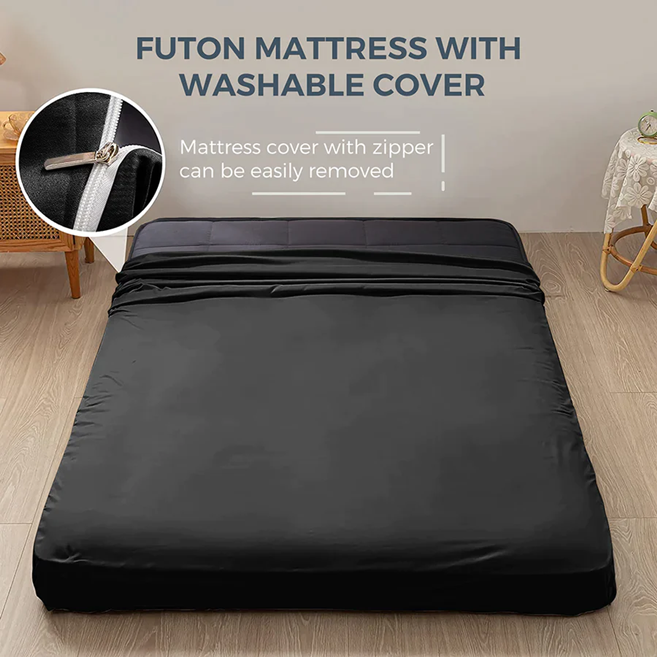 MAXYOYO Padded Japanese Floor Mattress - Black Foldable Roll Up Futon for Bedroom, Guest Room & Travel | Comfortable Floor Sleeping Mat for Adults & Kids