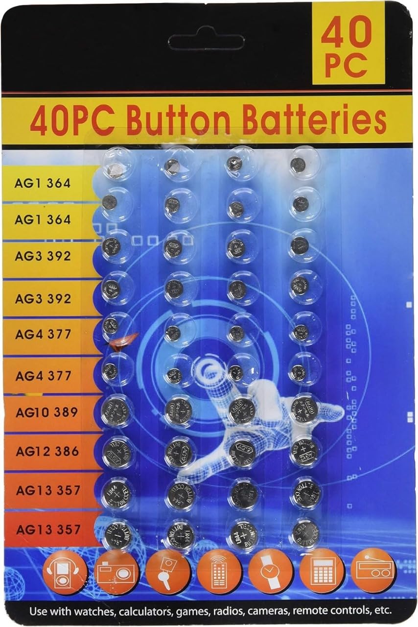 40-Piece Powercell Assorted Batteries - LR44, AG13, LR41, LR1130 for Watches, Games, Calculators, Radios & Cameras - Long-Lasting Power for Remote Controls, Children's Toys & Alarms - Perfect for Home, Office & Travel Use
