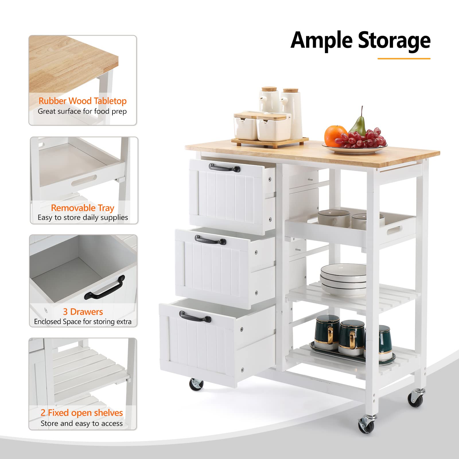VINGLI Rolling Kitchen Island Cart with 3 Drawers & 3-Tier Storage - Natural Solid Wood Top, Mobile Microwave Trolley for Small Kitchens | Perfect for Coffee Bars, Serving Stations & Compact Kitchen Organization