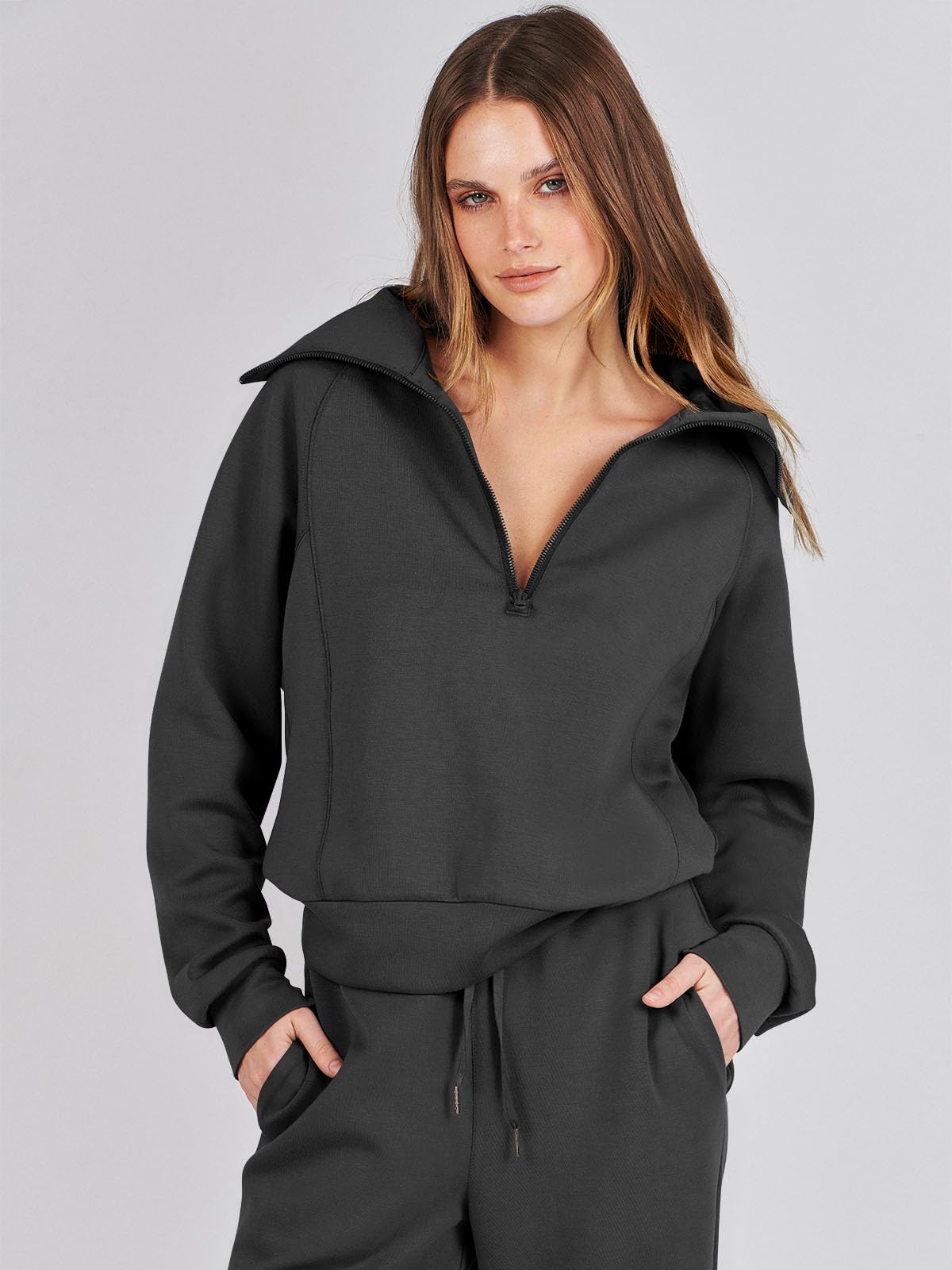 Caracilia Women's 2-Piece Oversized Sweatsuit Set - Half Zip Hoodie & Wide Leg Sweatpants | Fall Lounge Wear, Casual Outfit, Athleisure Tracksuit for Women | Perfect for Home, Gym, Running Errands & Coffee Dates