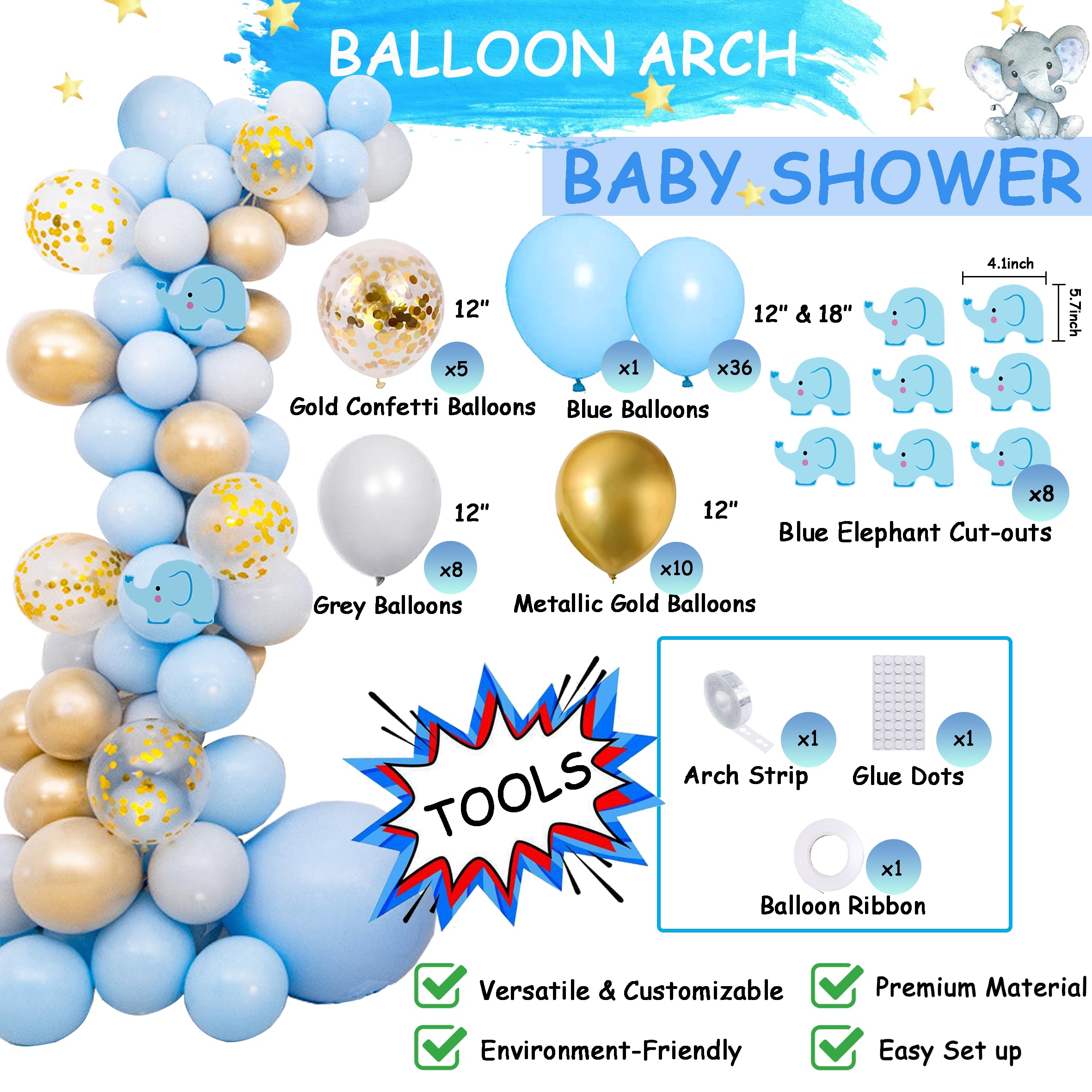 Blue Elephant Baby Shower Decorations for Boys - Complete Party Set with Backdrop Banner, Balloon Arch Kit, Cake & Cupcake Toppers - Perfect for It's a Boy Themed Showers, Gender Reveals & Nursery Decor