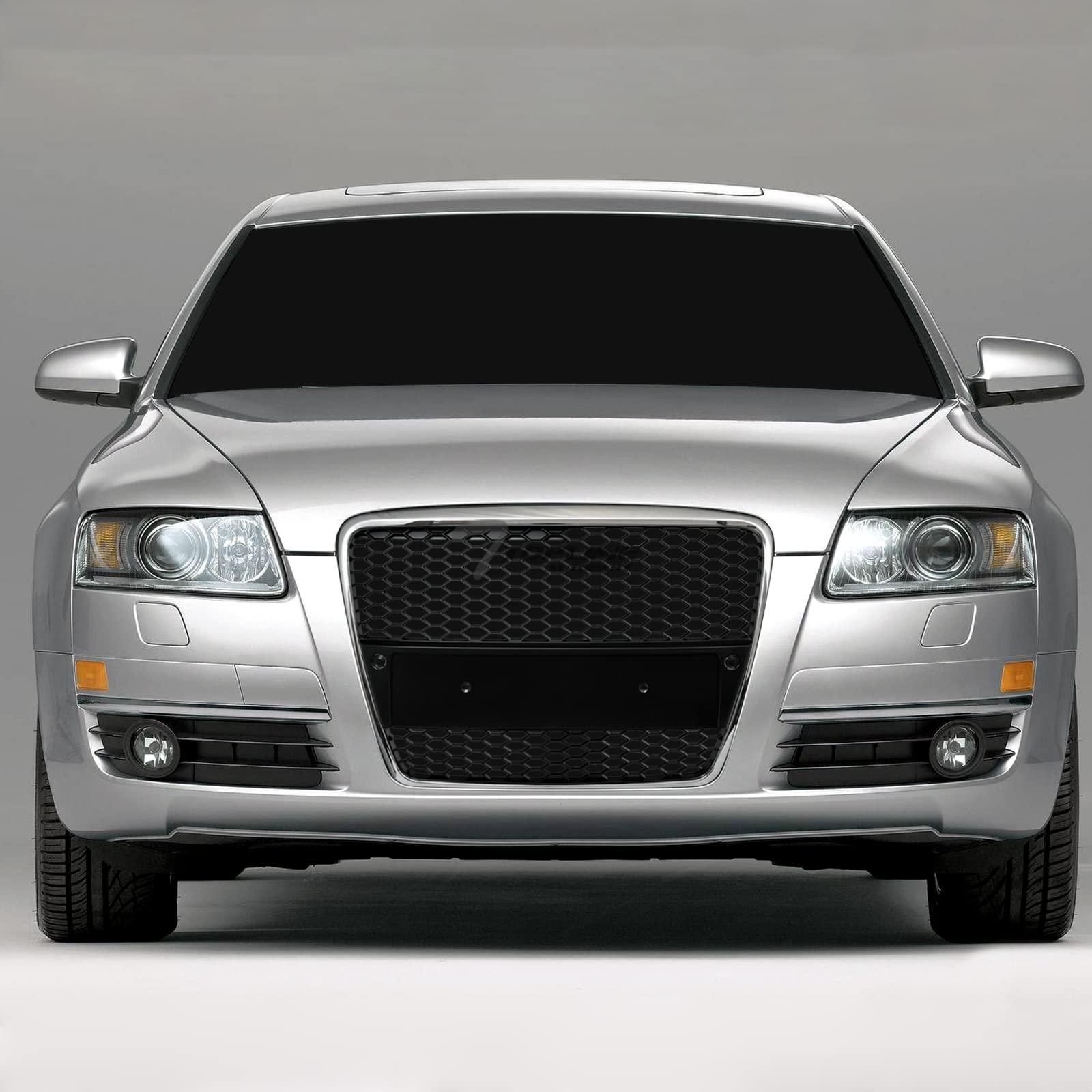 Chrome Black RS-Honeycomb Mesh Front Bumper Grill Grille Guard for 05-08 Audi A6 & 06-08 S6 C6 - ABS Material with Emblem Base - Upgrade Your Car's Style & Protection for Daily Driving & Car Shows