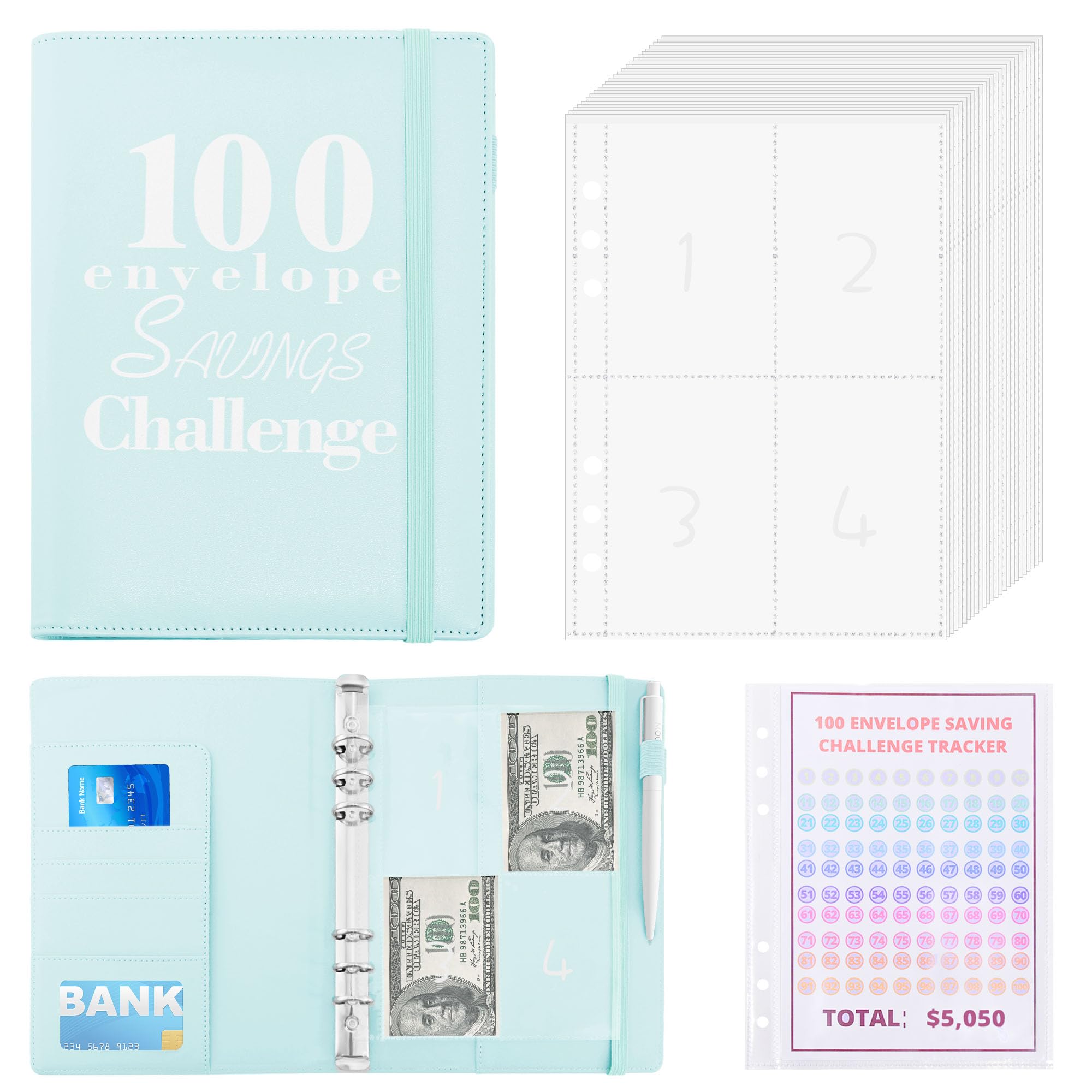 100 Envelopes Money Saving Challenge Binder - Budget Organizer with Cash Envelopes for $5,050 Savings Goal - Light Blue - Perfect for Personal Finance Management & Cash Budgeting System