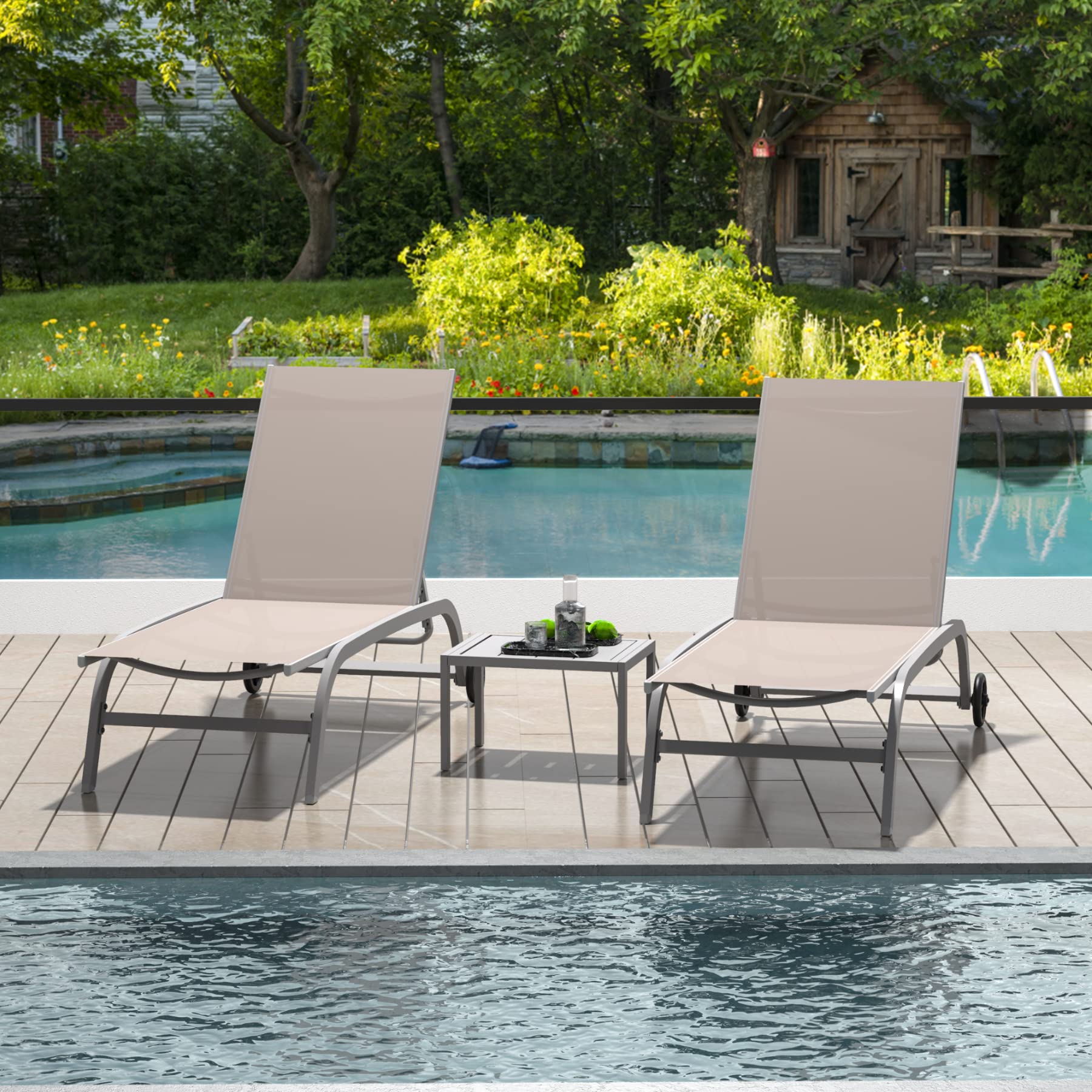 Domi Outdoor Chaise Lounge Set of 3 - Adjustable Poolside Lounge Chairs with Wheels & 5-Position Recline - Patio, Beach, Yard & Deck Furniture for Relaxing in Sun