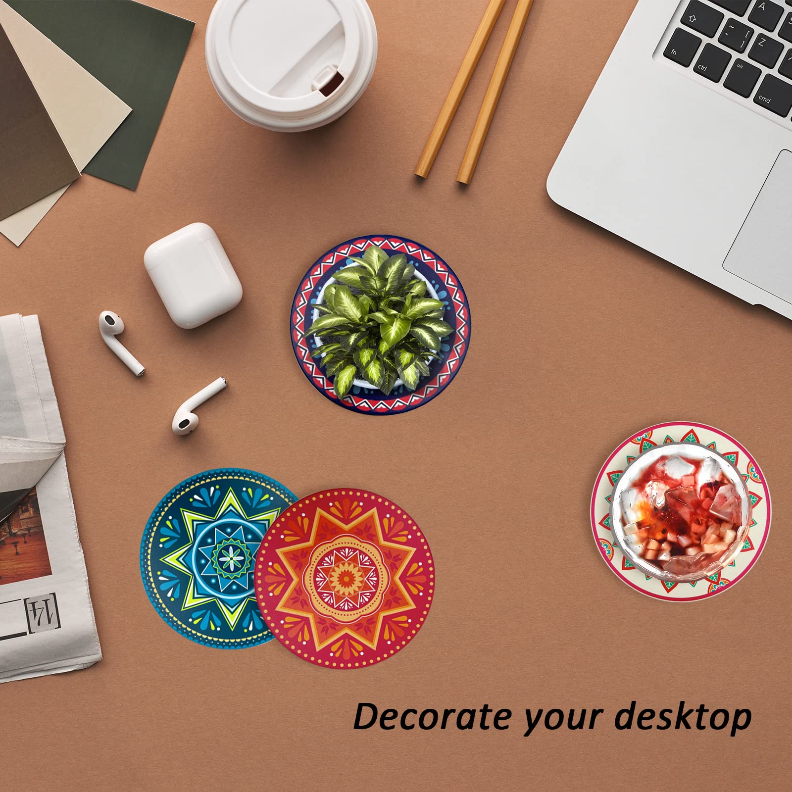 6-Pack Absorbent Mandala Ceramic Coasters with Cork Base - Stylish Coffee Table Decor for All Cups | Perfect for Home, Dining Room & Office Use