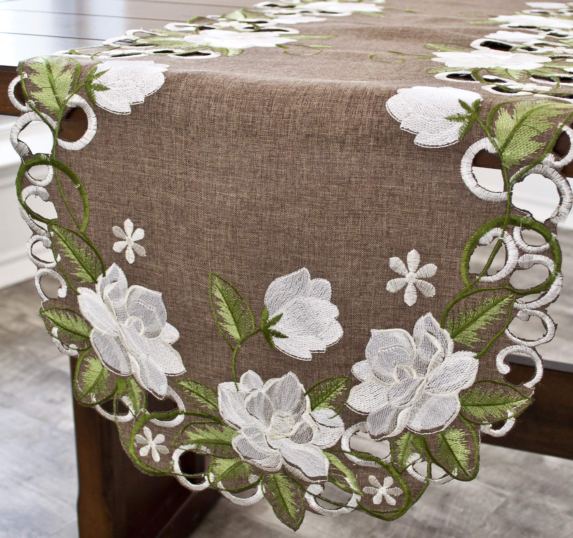Elegant White Magnolia Floral & Green Leaves Embroidered Cutwork Table Runner - 14x51.5 Inch Brown Polyester Linen Dresser Scarf for Dining Table, Buffet, and Home Decor