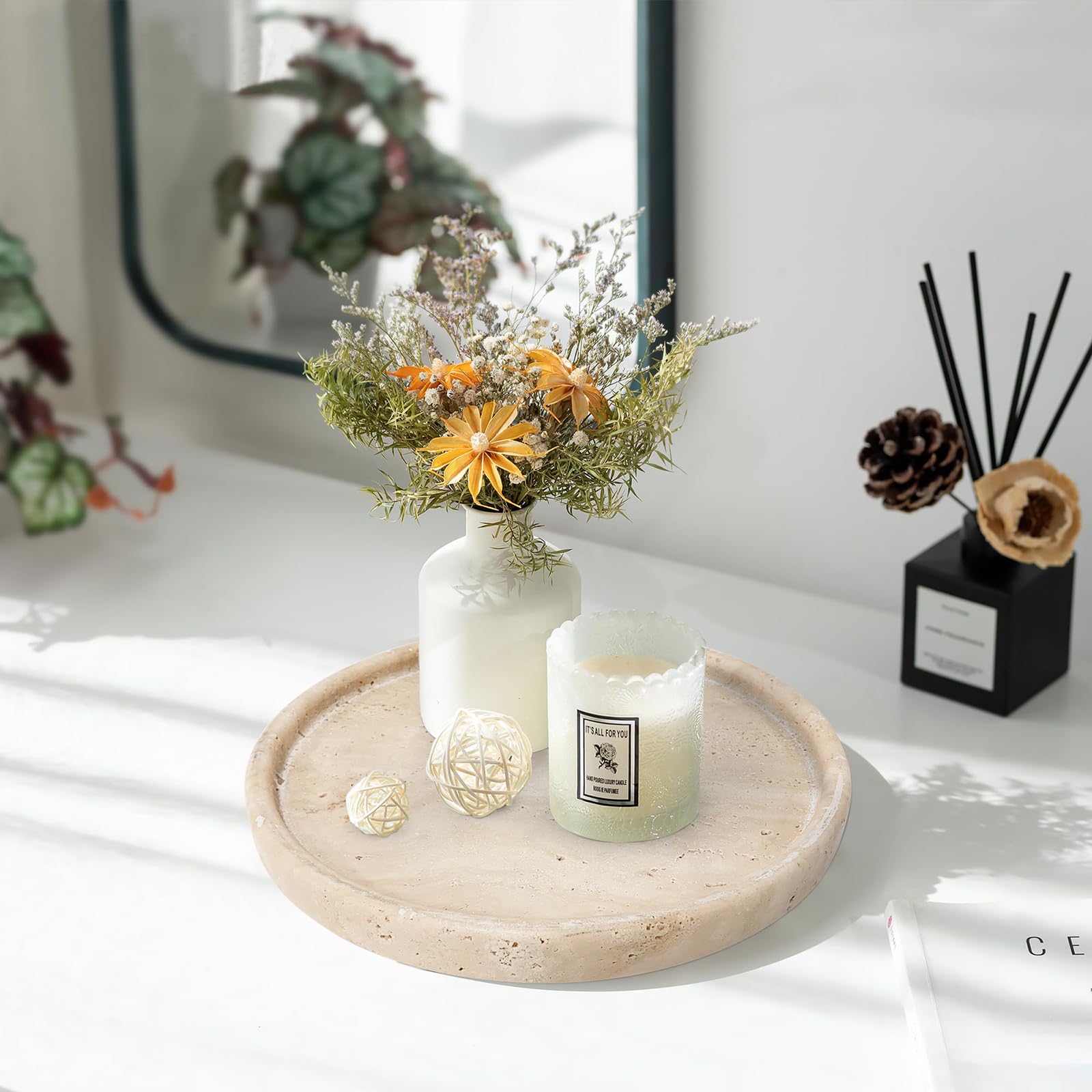 Beige Medium Round Travertine Tray - Ceramic Vanity Tray for Bathroom Counter & Coffee Table Decor - Marble Decorative Tray for Jewelry, Perfume & Home Organization