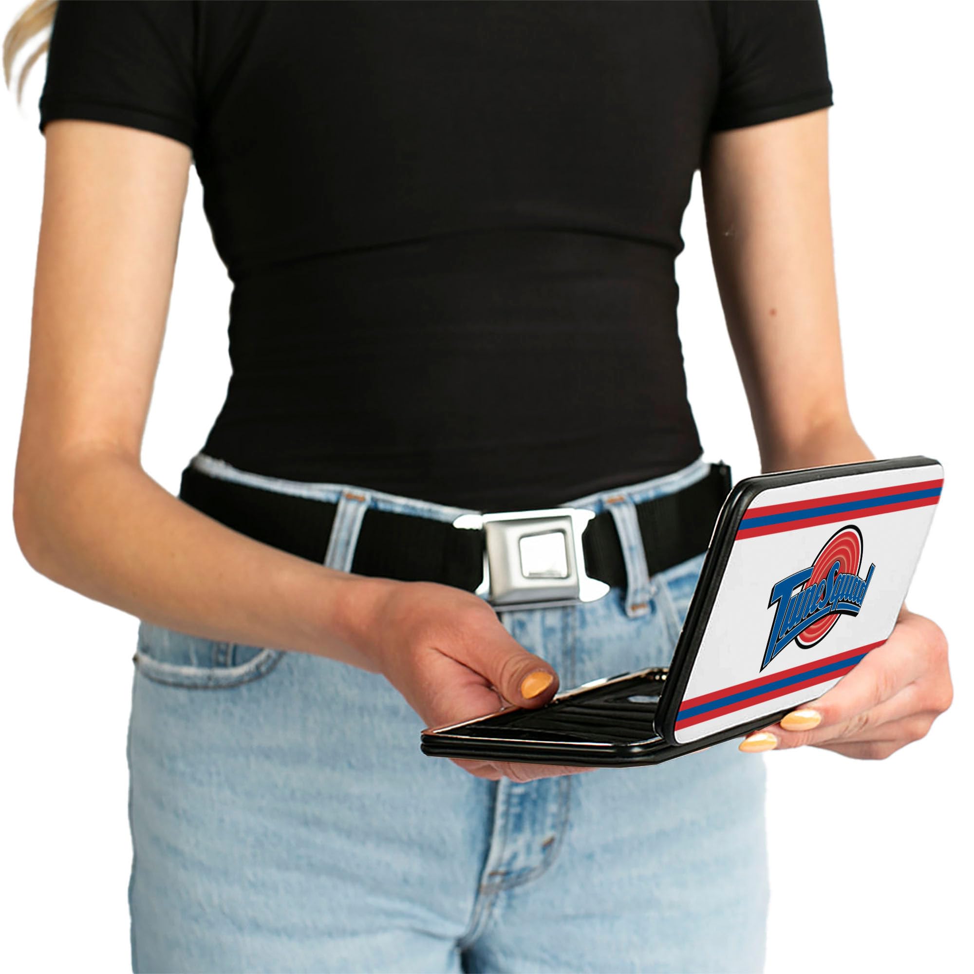 PU Leather Space Jam Tune Squad Logo Wallet with Hinged Design - Red, White & Blue Stripes for Basketball Fans & Movie Collectors - Perfect for Game Days & NBA Merchandise Lovers