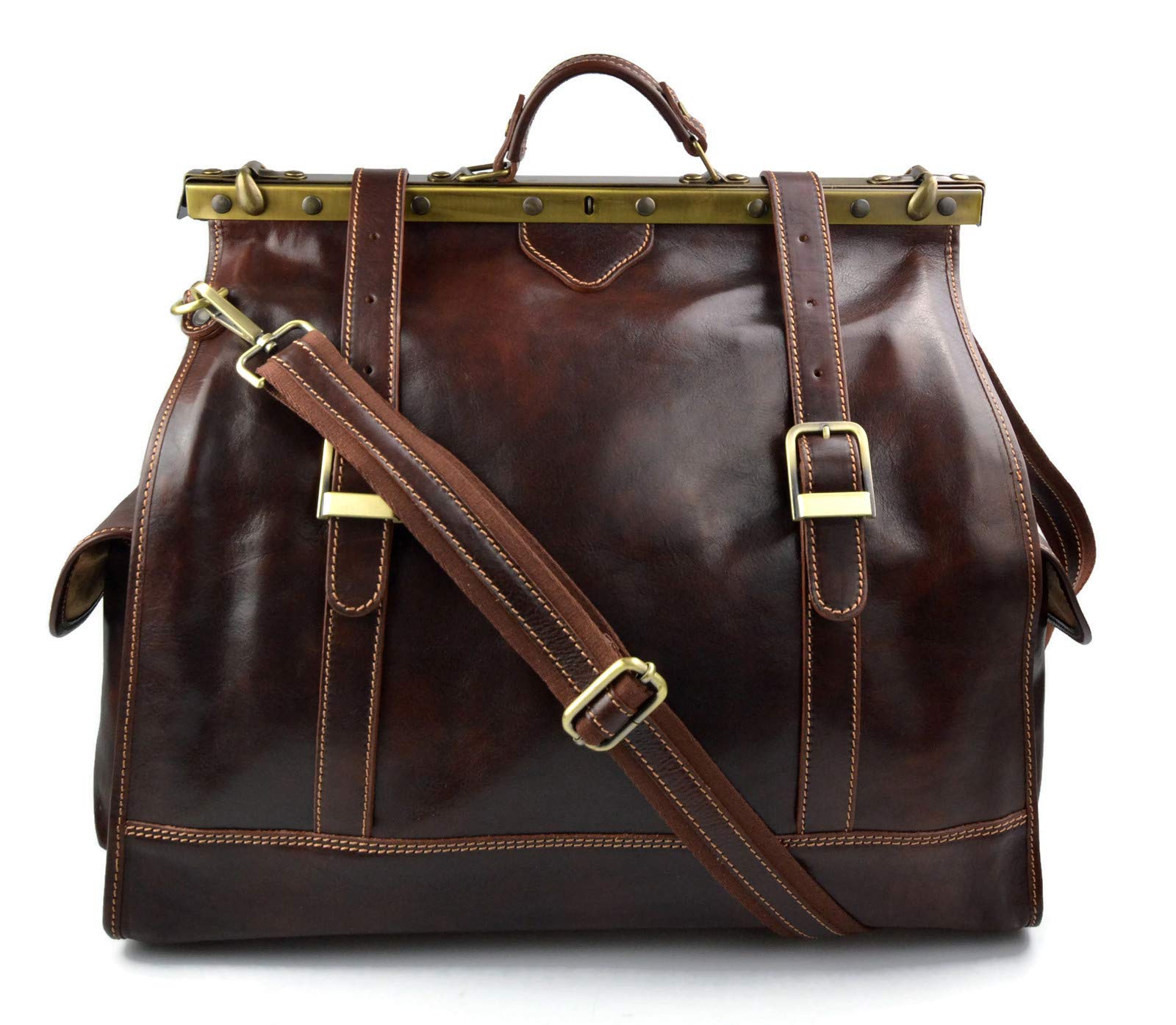 Vintage Leather Doctor Bag for Men & Women - Retro Travel Weekender, Cabin Luggage & Medical Shoulder Bag - Brown Leather Carry-On for Business Trips, Weekend Getaways & Professional Use